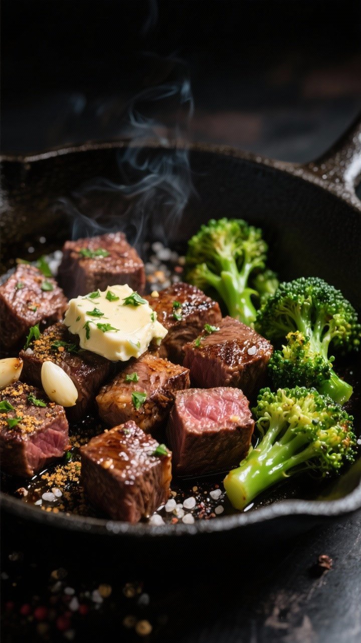 Straight-on skillet scene of garlicky steak bites with herb butter and broccoli: caramelized sirloin cubes seared with garlic powder, crowned with melting herb butter; vibrant green broccoli florets seared in olive oil alongside; coarse pepper and salt crystals visible; served in a dark carbon-steel pan, dramatic side lighting for contrast and sizzling appeal.