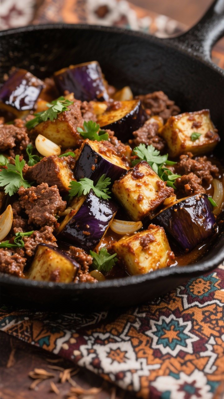 Straight-on skillet shot of Moroccan-spiced beef and eggplant: large cubes of eggplant with browned edges mingled with ground beef, onion, garlic, cumin, coriander, cinnamon, and smoked paprika; deep mahogany tones with caramelized bits, garnished with chopped cilantro; served in a black skillet on a patterned Moroccan cloth for warm, aromatic mood.