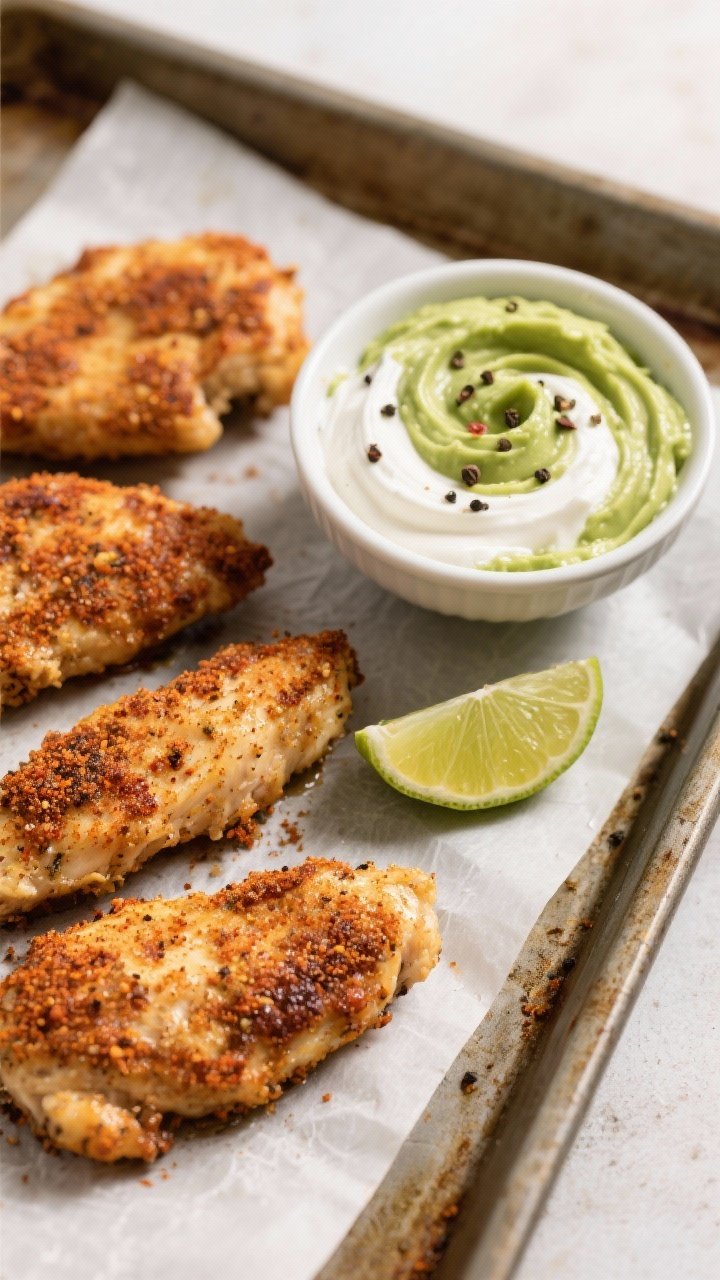Straight-on tray of taco-spiced baked chicken tenders with dipping: chicken tenders coated in low-sugar taco seasoning, roasted to a lightly crisped edge and juicy center; a small bowl of avocado crema (avocado blended with sour cream/Greek yogurt) swirled and sprinkled with pepper, lime wedge nearby, on a parchment-lined sheet.