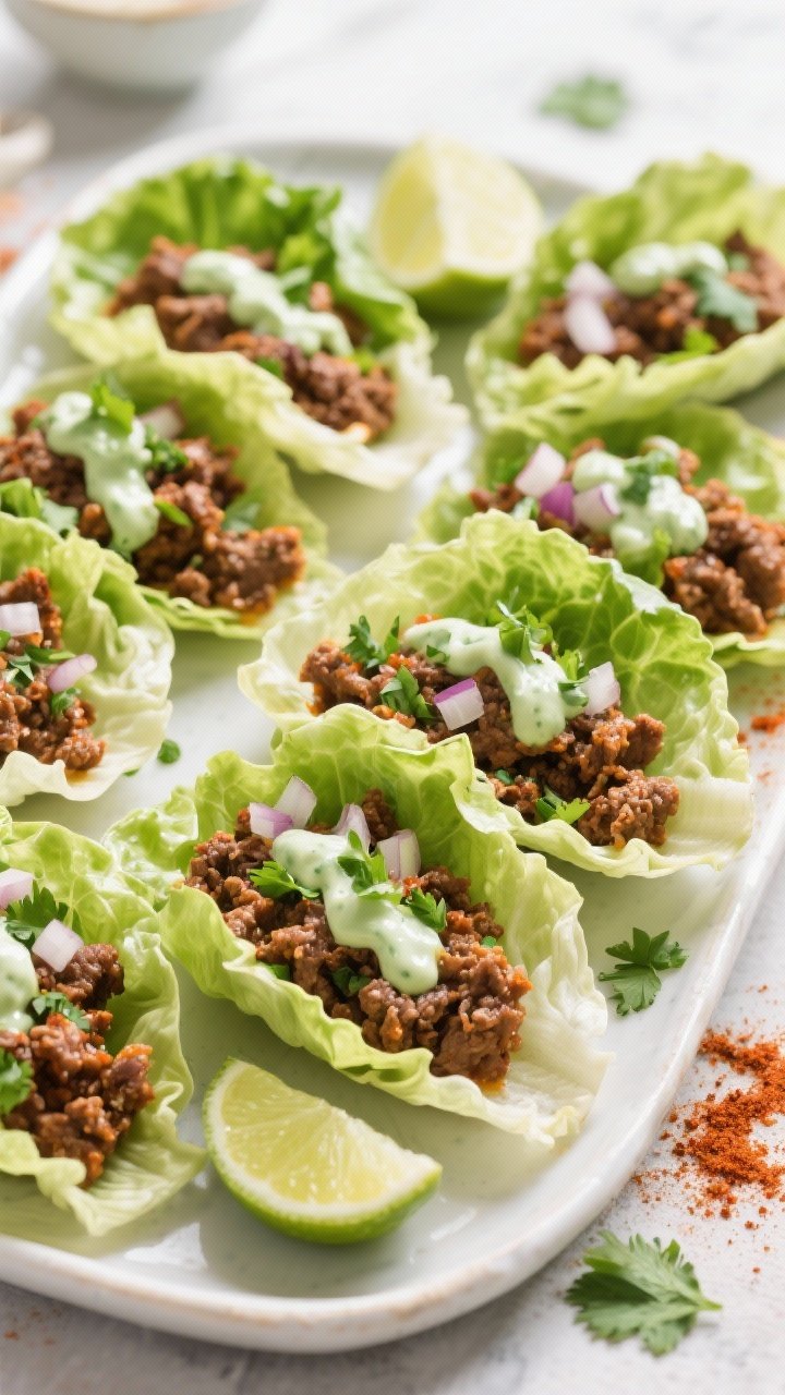 Straight-on, vibrant taco lettuce wraps arranged on a platter: crisp romaine or butter lettuce cups filled with spiced ground beef (chili powder, cumin, smoked paprika, oregano), studded with finely chopped onion and garlic, drizzled with cilantro-lime crema; lime wedges, chopped cilantro, and a sprinkle of paprika around, bright natural light for a fresh, zesty feel.