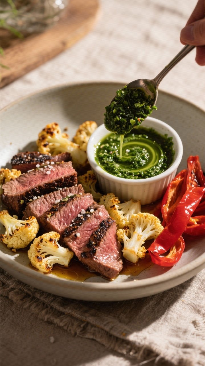 45-degree action-prep shot of steak and chimichurri cauli-bowls: medium-rare flank steak slices with visible coarse salt and black pepper char, resting juices glistening; roasted cauliflower florets tossed in butter/ghee with golden edges; a vibrant green chimichurri sauce swirled in a ramekin; roasted red peppers fanned on the side; arranged in a wide shallow bowl with a spoon mid-drizzle of chimichurri; warm tones, rustic linen, directional light.