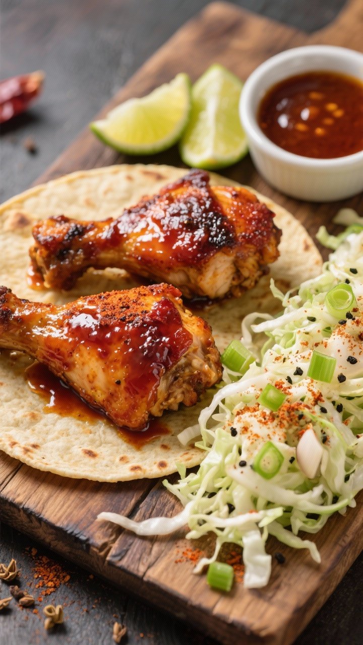45-degree action shot: Honey-chipotle glazed chicken thighs, lacquered and sticky with a deep reddish-brown sheen, resting over warm corn tortillas beside a mound of garlicky lime slaw (shredded cabbage, thin-sliced green onions) speckled with black pepper; chili powder, cumin, smoked paprika rub visible on the chicken; lime wedges and a small bowl of extra honey-chipotle sauce; shot on a rustic wood board for a smoky-sweet vibe.