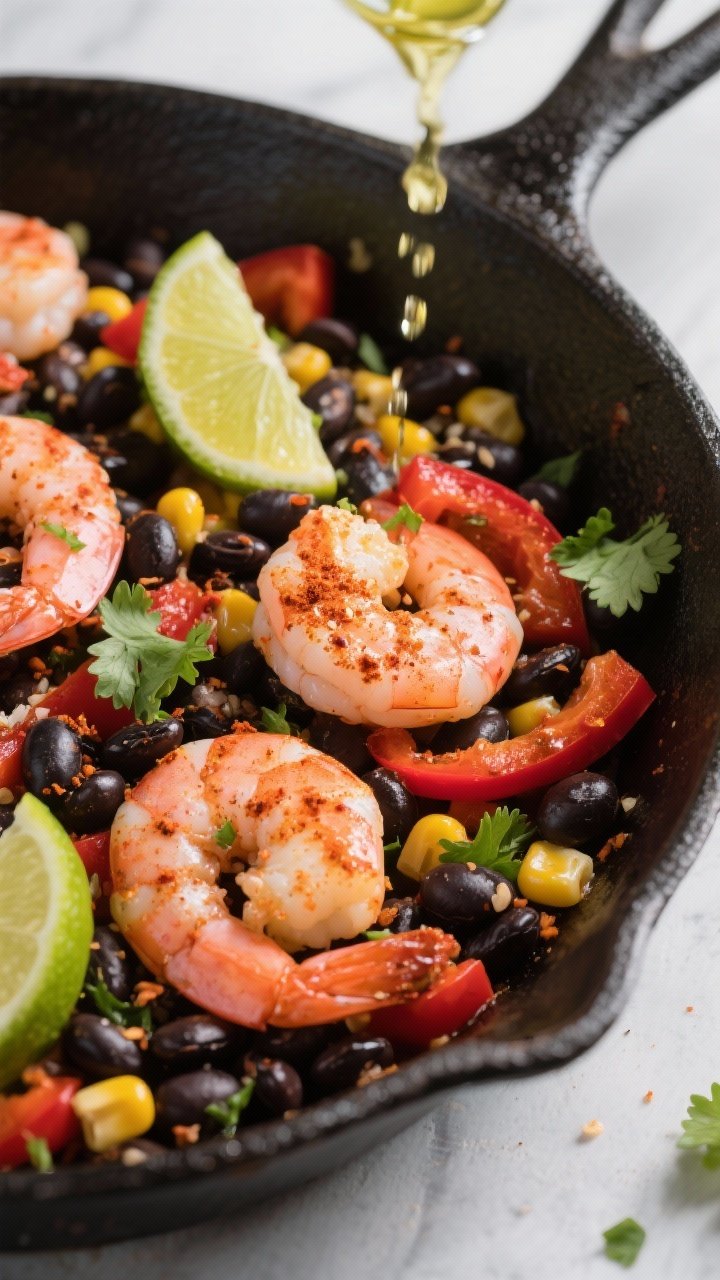 45-degree action shot of a Chili-Lime Shrimp and Black Bean Skillet: pink, juicy shrimp dusted with chili powder, cumin, smoked paprika, and sea salt, tossed with black beans, sweet corn kernels, and red bell pepper slices in a sizzling skillet. Lime wedges and zest visible; a quick squeeze of lime captured mid-drip, glossy olive oil sheen, scattered cilantro. Vibrant colors, dynamic, weeknight-energy composition.
