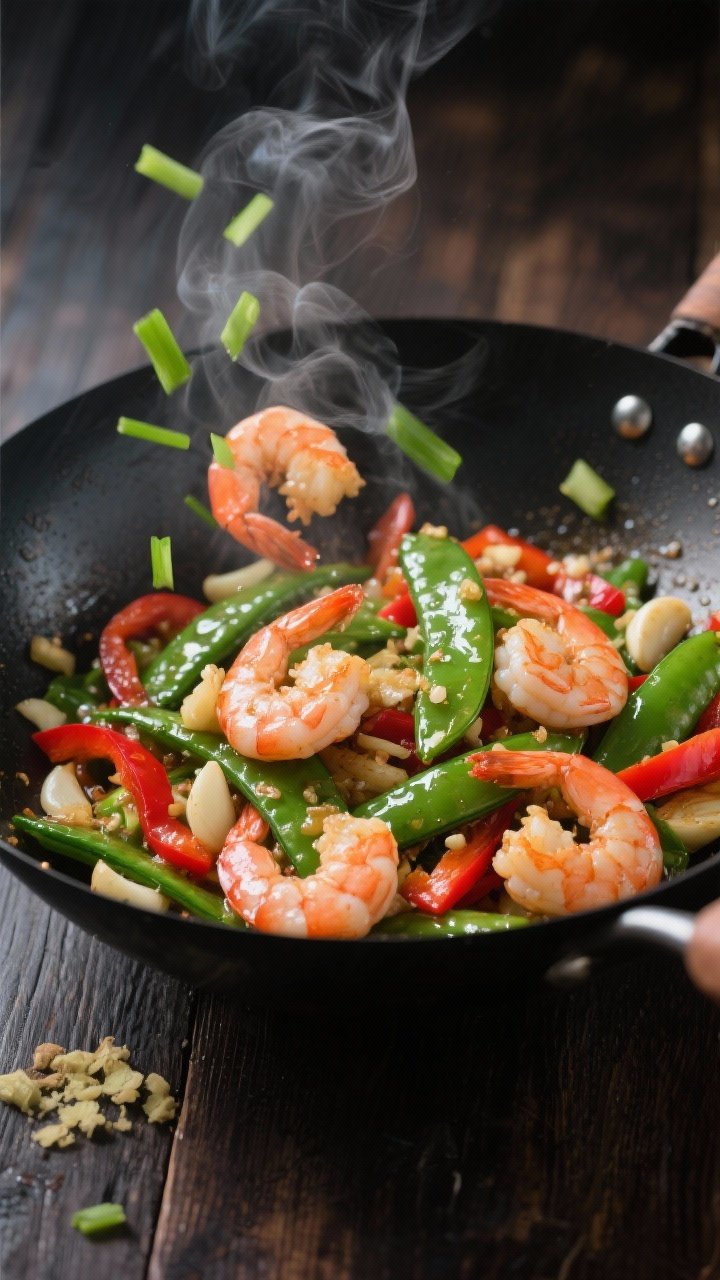 45-degree action shot of a garlic-ginger shrimp stir-fry in a black wok: large shrimp just turning pink, glossy snap peas, red bell pepper strips, and green onion whites sizzling; minced garlic and grated ginger visible; avocado oil glistening; steam rising; finished with a scatter of sliced green onion greens; vibrant, weeknight Asian-inspired vibe on a dark wood countertop.