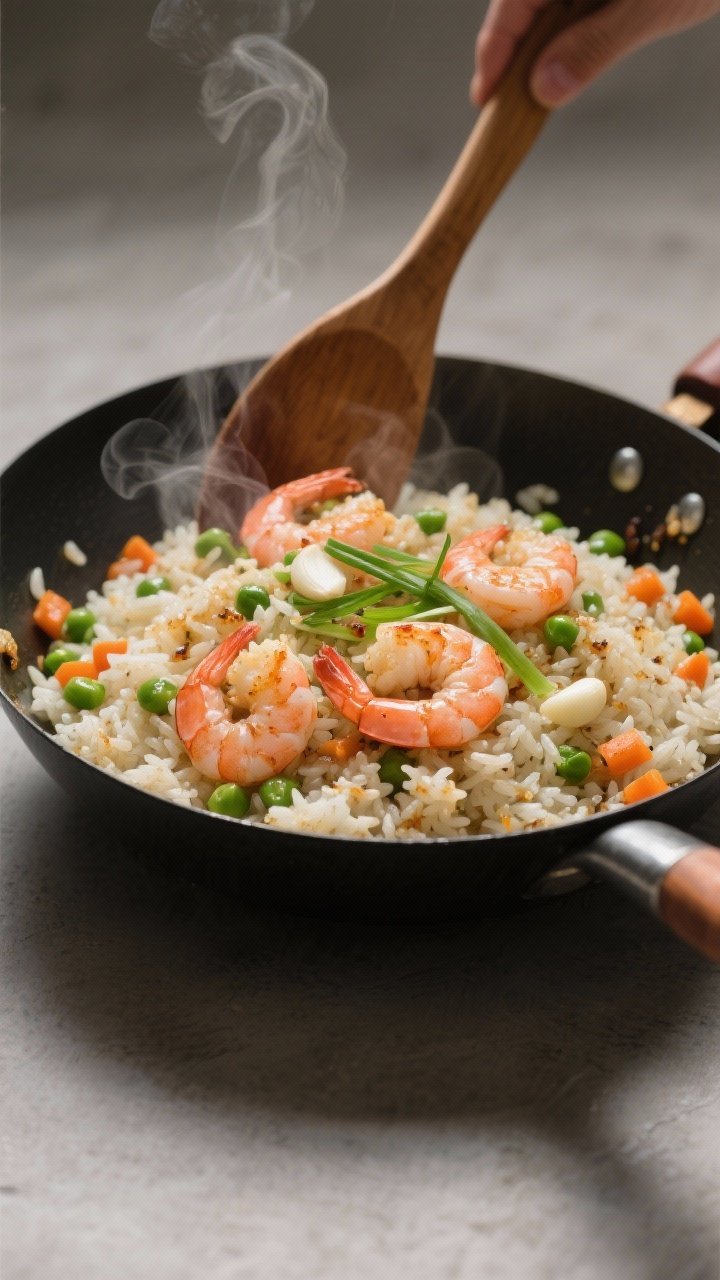 45-degree action shot of garlicky shrimp fried rice in a wok: plump pink shrimp seared with visible minced garlic, tossed with day-old cold rice, peas and carrots; grains distinct, lightly glossy from neutral oil, a few bits of caramelization on rice; steam rising, wooden spatula mid-stir; neutral backdrop, moody side light to highlight texture and wok hei, garnished with thinly sliced scallions.