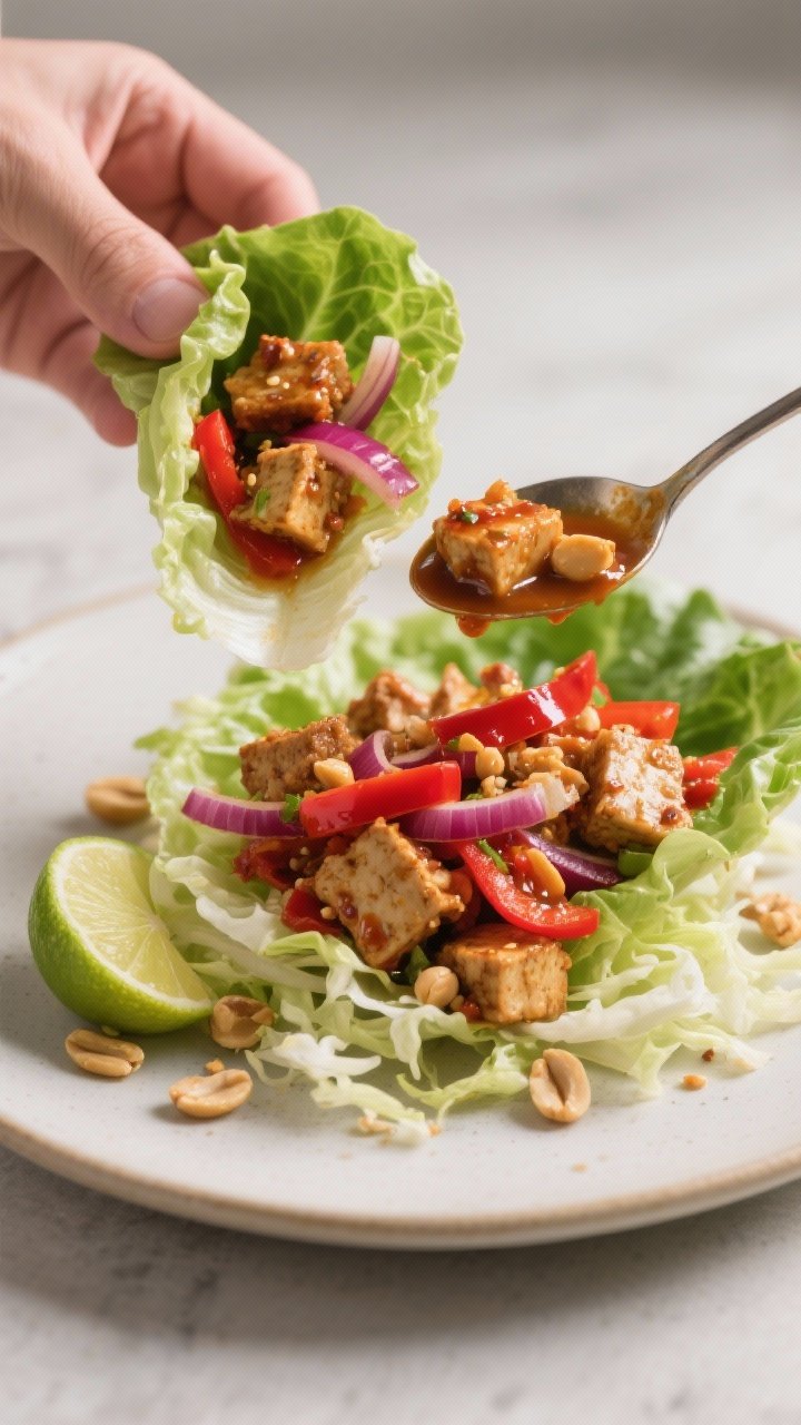 45-degree action shot of spicy peanut tempeh lettuce wraps assembly: crumbled tempeh sautéed with thinly sliced red onion and red bell pepper, glossy with a spicy peanut sauce; spoonfuls being placed into crisp lettuce cups with extra shredded lettuce/cabbage beneath; garnished with lime wedges and crushed peanuts; vibrant reds and greens pop against a neutral plate; high-contrast, appetizing sheen on the tempeh.
