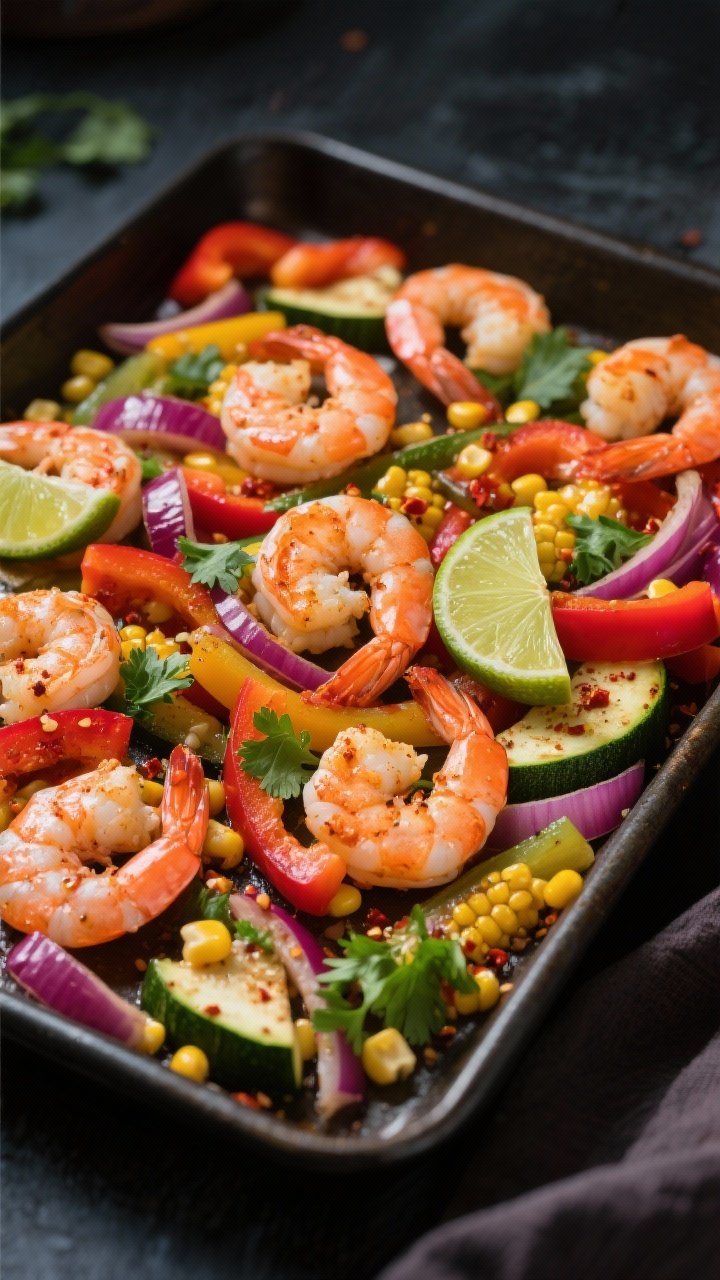 45-degree angle action shot of Chili-Lime Shrimp With Fiesta Veggies on a dark sheet pan: large peeled and deveined shrimp tossed with chili-lime seasoning and a light sheen of oil, nestled among sliced mixed-color bell peppers, red onion strips, sweet corn kernels, and half-moon zucchini; visible lime wedges, chopped cilantro, and a dusting of chili flakes; shrimp slightly curled and just opaque for a juicy look; moody yet saturated lighting emphasizing the orange-pink shrimp and rainbow vegetables.