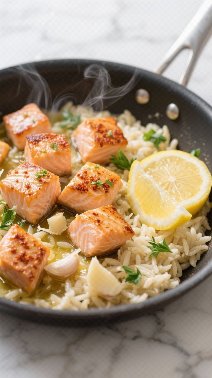 45-degree angle action shot of one-pan lemon garlic salmon bites with parmesan orzo: cubed skinless salmon seared to a light crust, glistening with olive oil, lemon juice, zest, honey, garlic, and a dusting of paprika; nestled beside creamy parmesan orzo in the same skillet, lemon wedges and fresh parsley sprinkled, gentle steam rising, bright Mediterranean feel on a light marble surface.