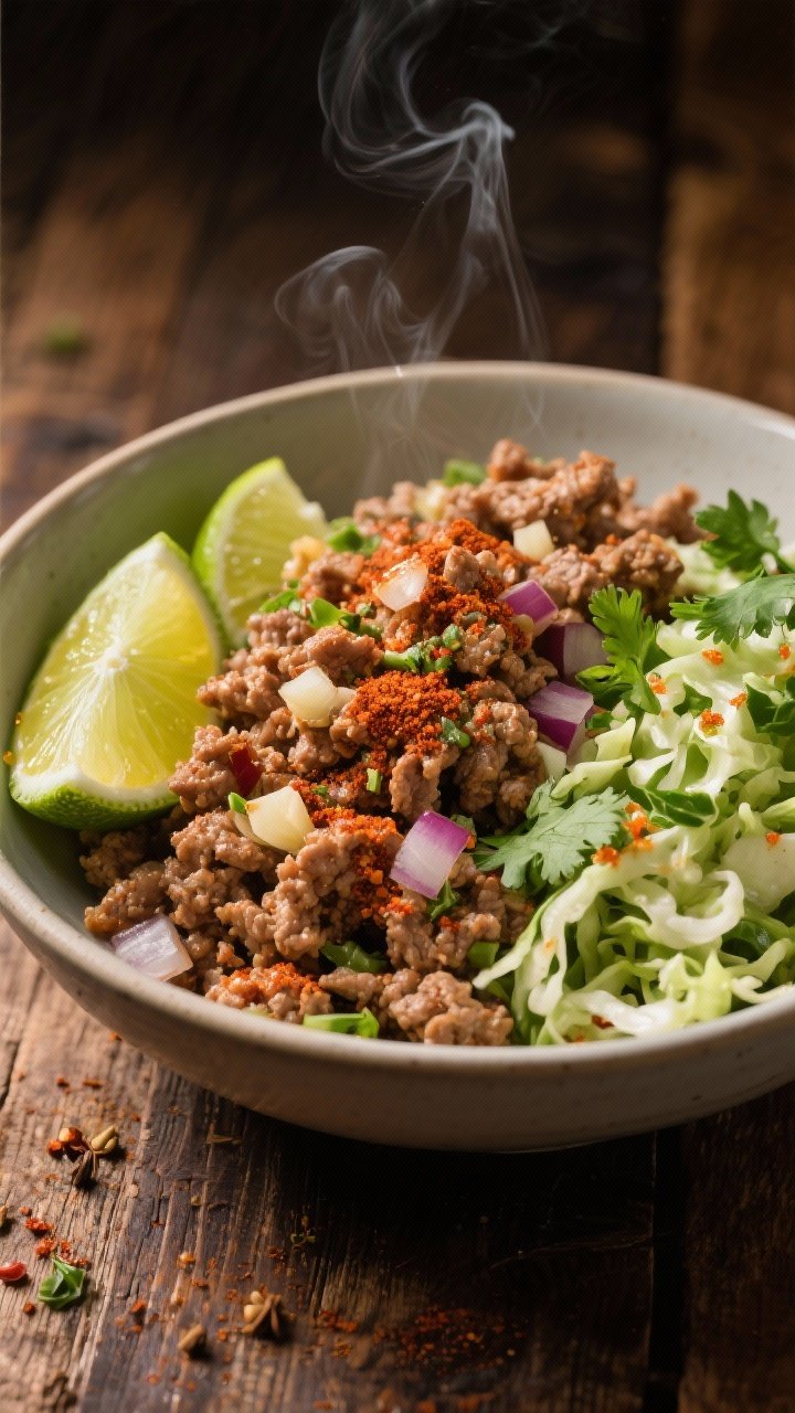 45-degree angle action shot of Spicy Turkey Taco Power Bowls: crumbled 93% lean ground turkey sizzling with finely diced onion and minced garlic, seasoned with chili powder, ground cumin, smoked paprika, and dried oregano; plated with a vibrant cilantro-lime slaw (finely shredded cabbage, cilantro, lime zest) in a wide, shallow bowl; garnished with lime wedges and a light olive oil sheen; warm, rustic wooden table, moody side light highlighting steam and spice.