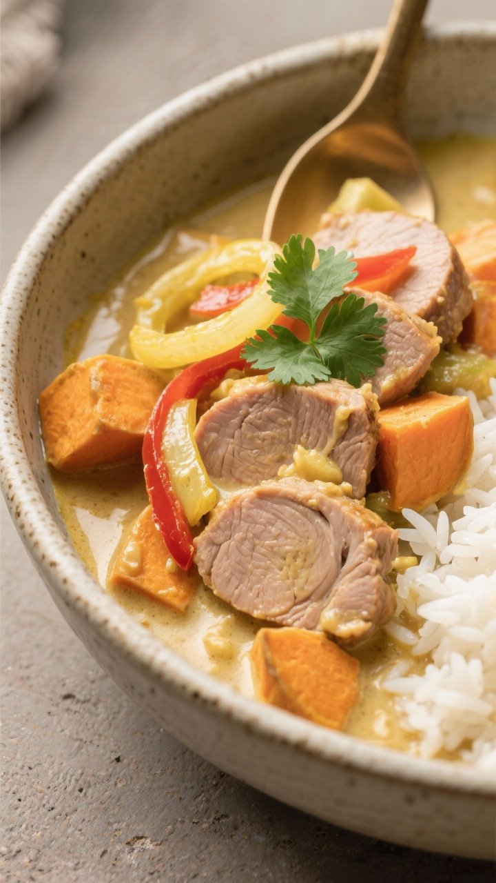 45-degree angle bowl of coconut curry pork tenderloin with sweet potatoes: sliced pork medallions nestled in silky light coconut milk curry, tender 1-inch sweet potato cubes, sliced yellow onion and red bell pepper ribbons, garnished with fresh cilantro. Served in a deep stoneware bowl with jasmine rice on the side, spoon showing the creamy texture. Warm golden tones, inviting, comforting, subtle sheen on curry surface, professional styling, no people.