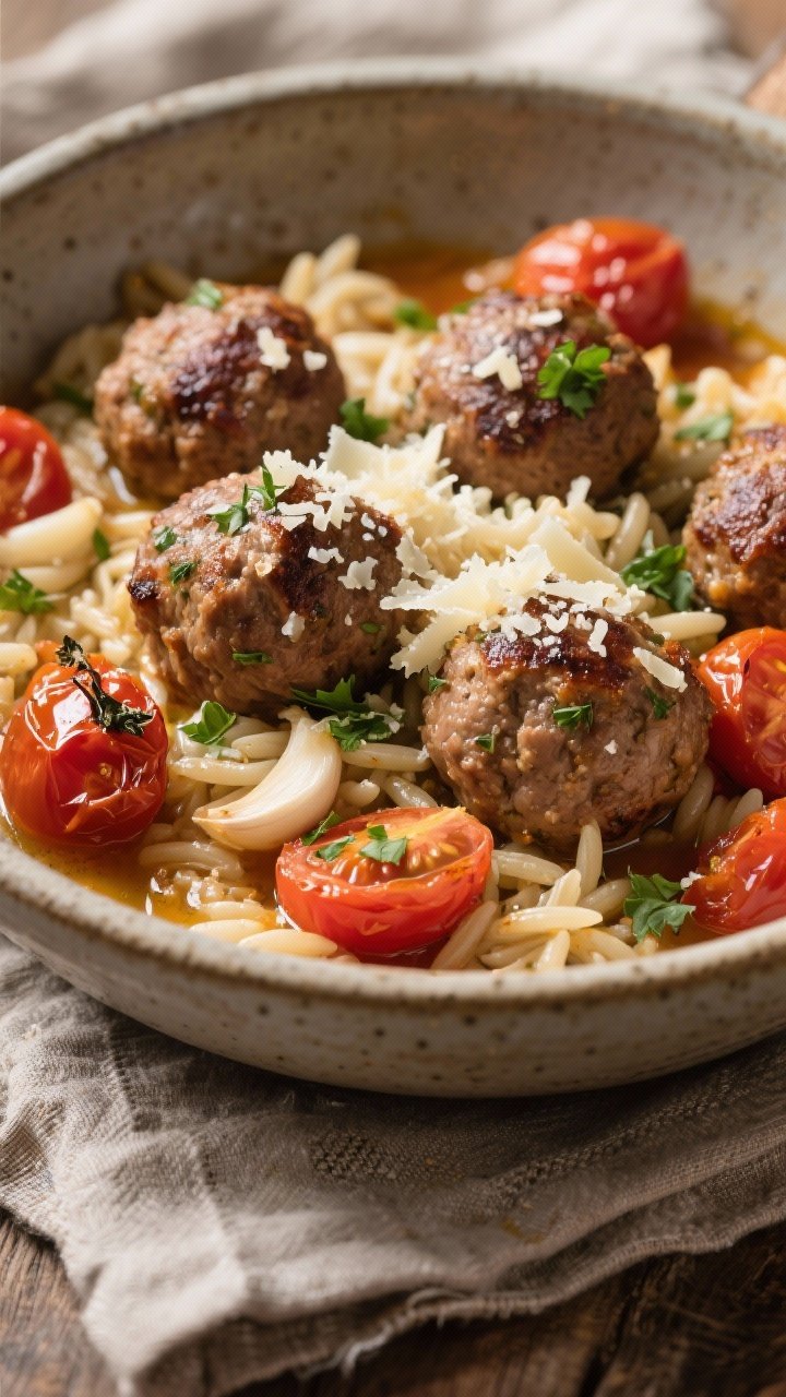 45-degree angle bowl shot of garlicky turkey meatball skillet with blistered tomatoes and orzo: juicy, browned turkey meatballs flecked with Parmesan and oregano, nestled into tender orzo with burst cherry tomatoes and garlicky pan juices. Grated Parmesan snowfall on top, chopped parsley for color, olive oil sheen. Served in a wide, shallow stoneware bowl on a rustic linen, cozy and hearty ambiance.