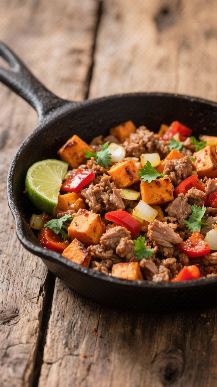 45-degree angle capture of a smoky chipotle turkey and sweet potato hash in a cast-iron skillet: lean ground turkey browned with diced 1/2-inch sweet potato cubes, red bell pepper, diced yellow onion, and minced garlic; faint char, paprika-red chipotle hue, olive oil glisten; garnished with chopped cilantro and lime wedges to hint brunch-to-dinner versatility; rustic wooden surface.