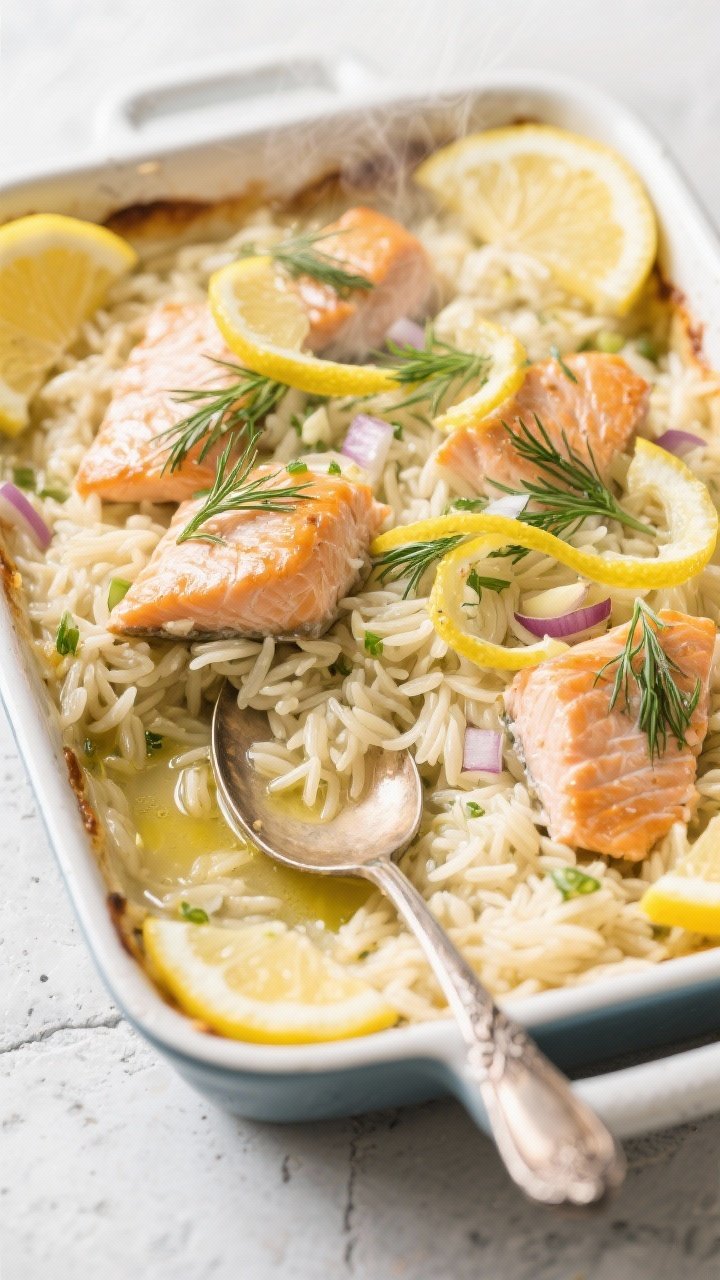 45-degree angle, casserole pan of lemon-dill salmon orzo bake just out of the oven: silky orzo cooked in low-sodium broth, flecked with finely diced onion and minced garlic, topped with flaky salmon pieces, lemon zest ribbons, and fresh dill fronds. Glossy surface with a light olive oil sheen, lemon slices tucked along the edges, visible steam. Served with a vintage serving spoon on a light stone surface; bright, clean lighting to capture citrus freshness and tender, not-dry texture.