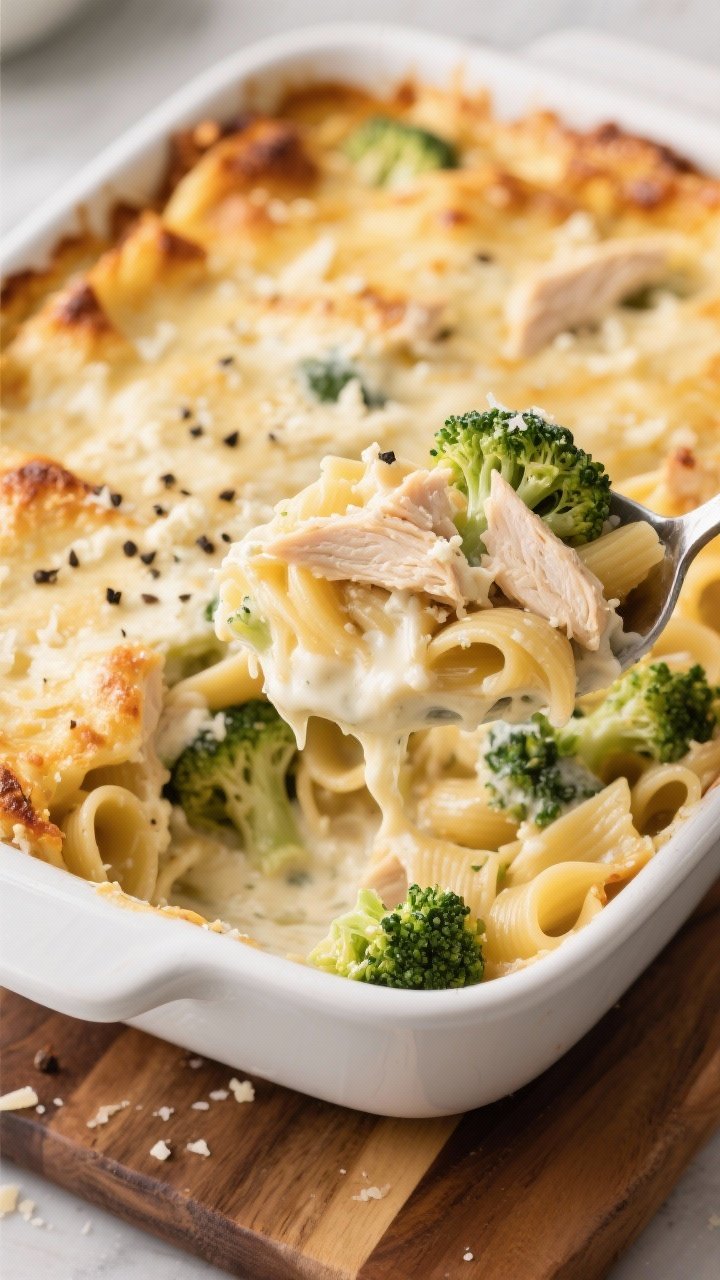 45-degree angle casserole reveal of high-protein Alfredo pasta bake: high-protein pasta folded with shredded cooked chicken breast, lightly steamed broccoli florets, and a creamy sauce made from low-fat cottage cheese; golden, lightly blistered top with a scattering of grated Parmesan and cracked black pepper; a serving spoon lifting a portion to show stretchy, creamy texture and chunks of chicken and broccoli; warm kitchen light, white baking dish on a wooden board.