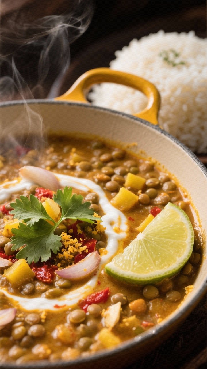 45-degree angle close-up of Creamy Coconut Lentil Curry simmering in a shallow enamel pot: golden curry with visible red curry paste hue, turmeric-stained sauce enveloping tender lentils, diced yellow onion, minced garlic, and grated ginger; swirl of coconut cream on top, cilantro leaves and lime wedge on the side; steam rising, warm moody lighting, served with a mound of steamed rice in the background.