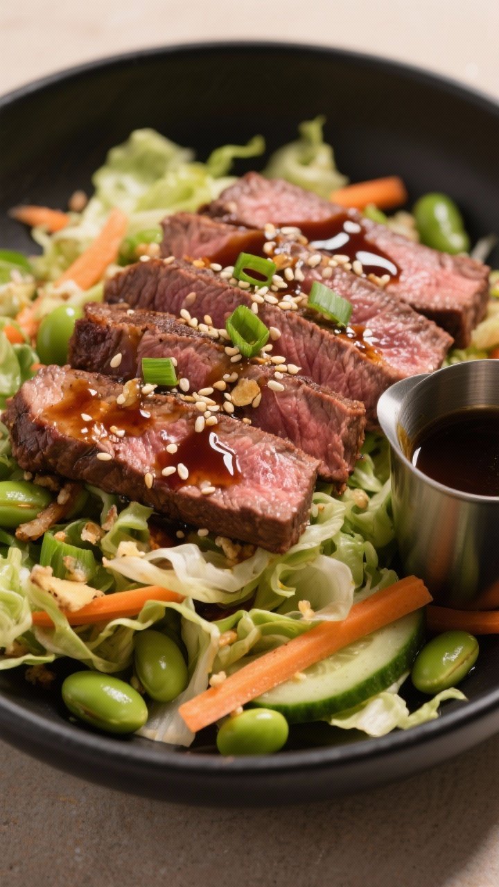 45-degree angle close-up of Soy-Ginger Steak and Edamame Crunch Salad: medium-rare flank steak sliced against the grain, lacquered with a soy sauce/tamari, rice vinegar, honey, grated ginger, garlic, and sesame oil glaze; scattered edamame, shredded napa cabbage, thinly sliced carrots, cucumber ribbons, scallions, and toasted sesame seeds; served in a matte black bowl with a small pouring cup of extra dressing; glossy highlights on steak, crunchy veggies, warm neutral backdrop.