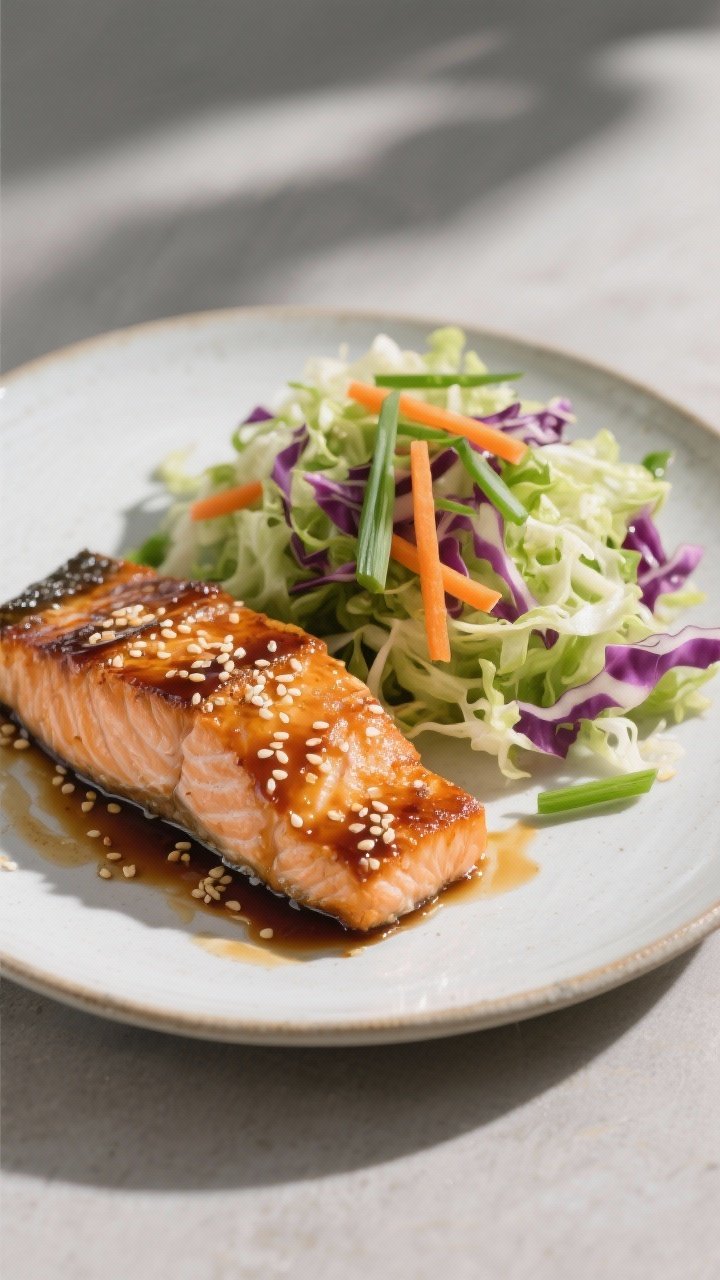 45-degree angle elegant plate of miso ginger salmon with crunchy cabbage slaw: caramelized salmon fillets brushed with a glaze of white miso, soy sauce, rice vinegar, honey, and grated fresh ginger; served beside a vibrant slaw of shredded green and purple cabbage with thin carrot matchsticks and scallions, lightly dressed; sesame seeds sprinkled on top, glossy finish, minimalist ceramic plate, soft daylight with gentle shadows.