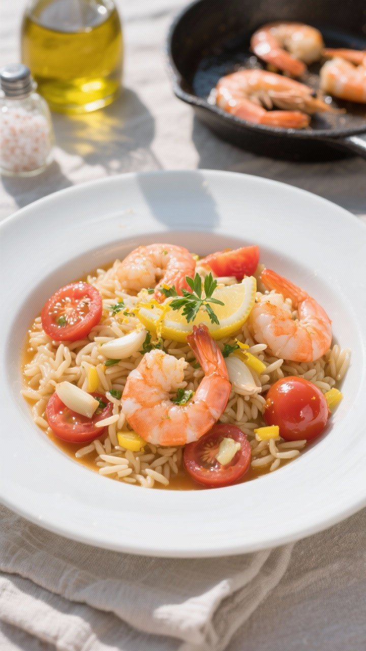 45-degree angle, final plated garlicky shrimp, tomatoes, and orzo in a shallow white bowl: tender pink shrimp nestled in glossy orzo, halved cherry tomatoes bursting, minced garlic and finely chopped yellow onion visible, broth-reduced sheen; garnished with lemon zest and parsley. A small skillet with a few remaining shrimp in the background, olive oil bottle and sea salt nearby. Coastal, vacation vibe with sunlit highlights and a soft linen napkin, appetizing and saucy.