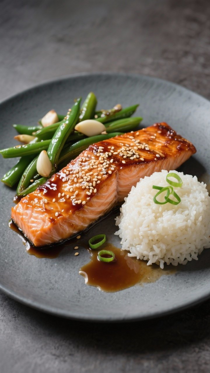 45-degree angle, final plated ginger-sesame salmon: lacquered salmon fillets brushed with ginger-garlic-sesame glaze, sesame seeds sprinkled, flaky texture visible; served alongside glossy garlic sautéed green beans; a neat mound of jasmine rice (or cauliflower rice) with a few scallion slices; soy-ginger sauce pooled lightly on the plate; minimal, modern plating on a slate-gray plate with soft side lighting for shine and texture.