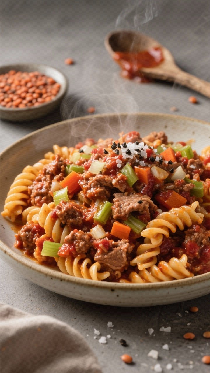 45-degree angle, hearty plated scene: Turkey bolognese over red lentil rotini, sauce clinging to every spiral. The bolognese shows finely chopped onion, carrot, and celery sofrito with minced garlic folded into rich ground turkey, finished glossy with olive oil. Served in a wide ceramic pasta bowl, steam rising, a sprinkle of kosher salt and black pepper on top. Background props: the uncooked red lentil rotini in a small dish and a rustic spoon with a smear of sauce. Warm, Italian comfort mood.