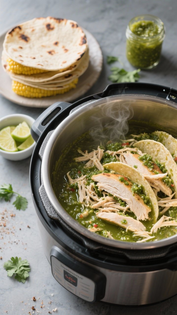 45-degree angle Instant Pot scene showing shredded salsa verde chicken for tacos: juicy boneless skinless chicken breasts pulled apart in a pool of tangy green salsa verde with cumin, garlic powder, onion powder, kosher salt, and a splash of broth visible at the bottom of the stainless insert. Warm charred corn tortillas stacked nearby, small bowls of extra jarred salsa verde and lime wedges, with cilantro leaves sprinkled around as garnish. Clean modern kitchen backdrop, moody light highlighting the glossy green sauce and tender strands of chicken, no people, focus on steamy, ready-to-fill taco meat.