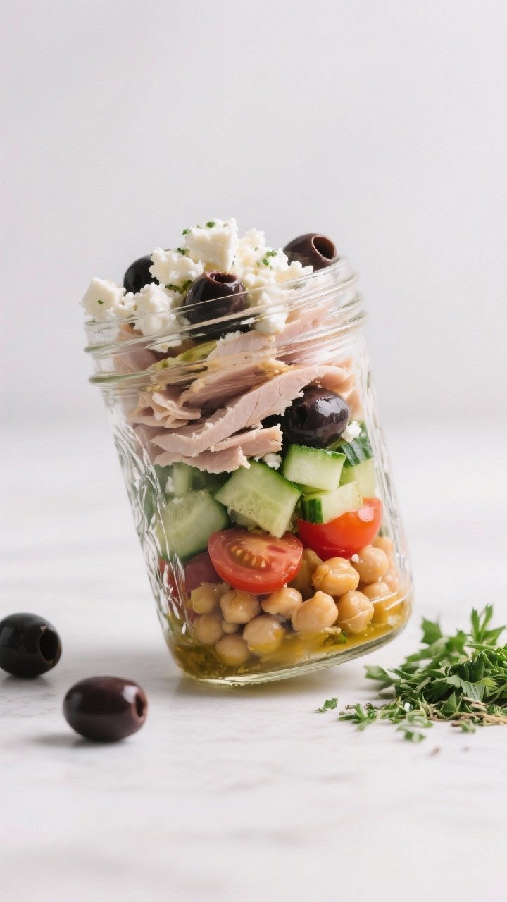 45-degree angle jar salad assembly for Mediterranean Chickpea and Turkey: clear mason jars layered from bottom up with vinaigrette, chopped cucumber, halved cherry tomatoes, chickpeas, sliced Kalamata olives, crumbled feta, and chopped sliced deli turkey on top. Extra feta crumbles and olives scattered around, a small pile of parsley or oregano for garnish. Clean studio light, emphasis on layers and colors through glass for meal-prep inspiration.