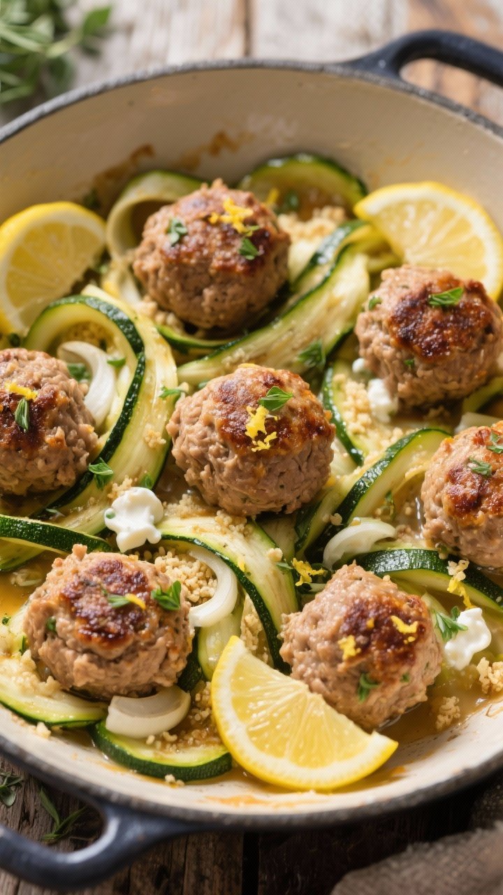 45-degree angle one-pan scene of Lemon Herb Turkey Meatballs with Zucchini Ribbons: juicy browned turkey meatballs made with lean ground turkey, finely grated onion (with juices), nonfat Greek yogurt, panko breadcrumbs (or almond flour), egg white, minced garlic, and kosher salt, nestled on tender zucchini ribbons. Finished with lemon zest, fresh herbs, and a light pan sauce. Golden crust on meatballs, glistening zucchini strands, lemon slices tucked in pan; presented in a large ovenproof skillet on a rustic table.