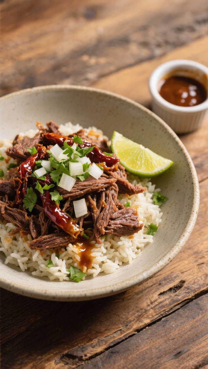 45-degree angle plated beef barbacoa bowl: tender shredded beef chuck roast piled over cilantro-lime rice, topped with minced chipotles in adobo, rough-chopped white onion, and a wedge of fresh lime. Garnished with chopped cilantro, glossy juices drizzled over the meat. Neutral ceramic bowl on a rustic wood table, side ramekin of extra adobo sauce, soft directional light, vibrant taqueria vibe, crisp texture detail on the beef strands.