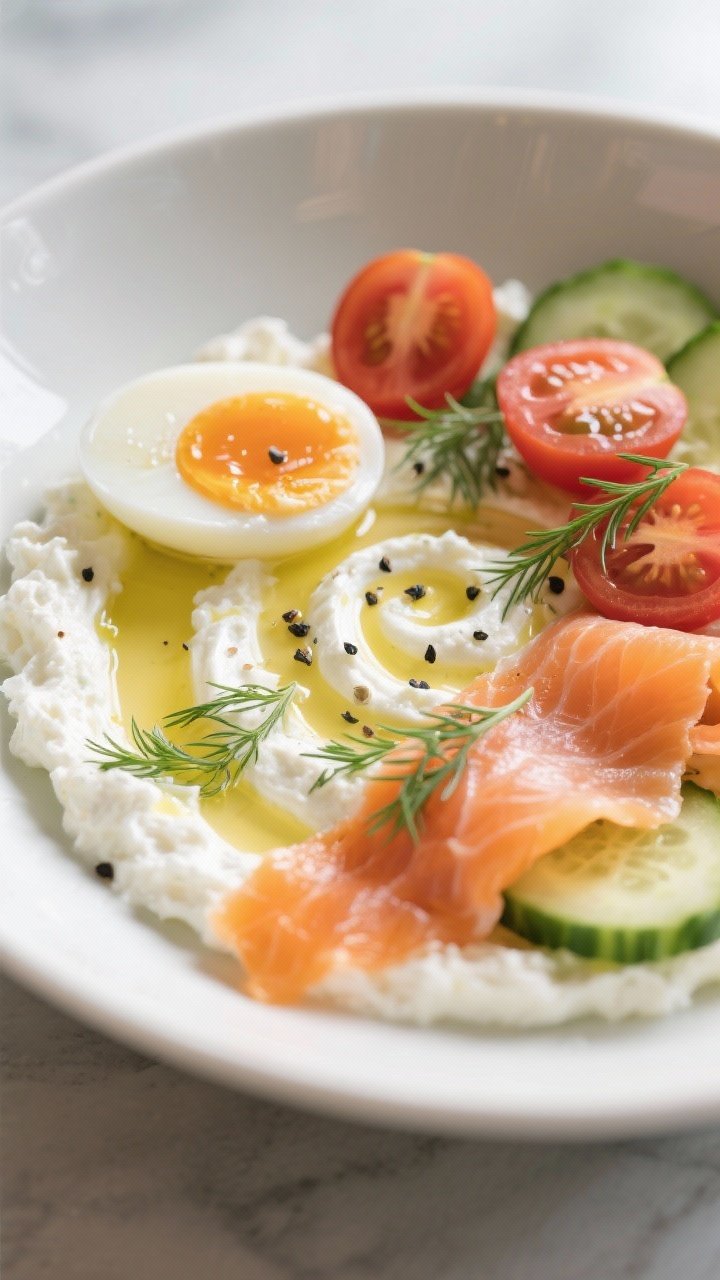 45-degree angle plated close-up of a smoked salmon, egg, and herb cottage cheese bowl: creamy cottage cheese base swirled, ribbons of smoked salmon, halved soft-boiled eggs with jammy yolks, cherry tomatoes halved, thinly sliced cucumbers and fresh dill scattered; crack of black pepper and a drizzle of olive oil glistening on top; cool, airy morning light to emphasize freshness and protein-rich simplicity.
