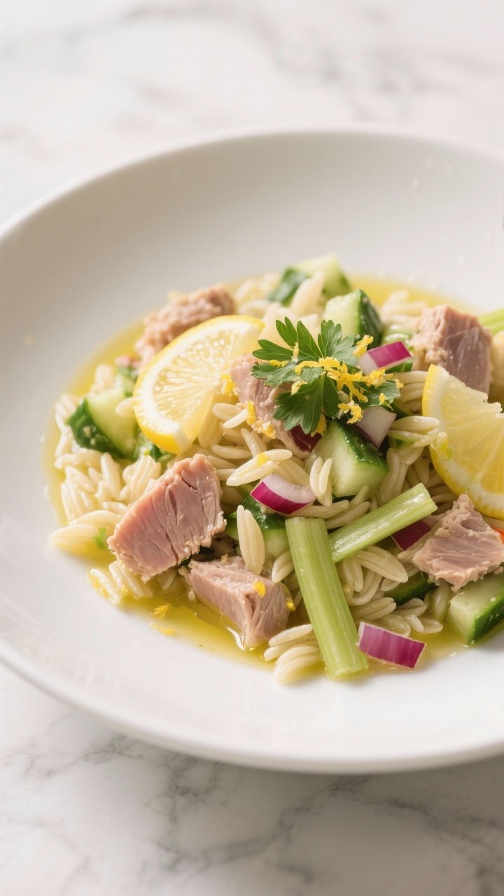 45-degree angle plated Lemony Tuna Orzo Salad with crunchy veg in a wide shallow white bowl: al dente orzo folds through tuna in olive oil (lightly glossy, not dry), diced English cucumber, thinly sliced celery, finely diced red onion, lemon zest and wedges, parsley, and a drizzle of olive oil; cool, zesty mood with pale yellows and fresh greens, clean marble backdrop, focus on contrast between silky tuna and crisp vegetables.