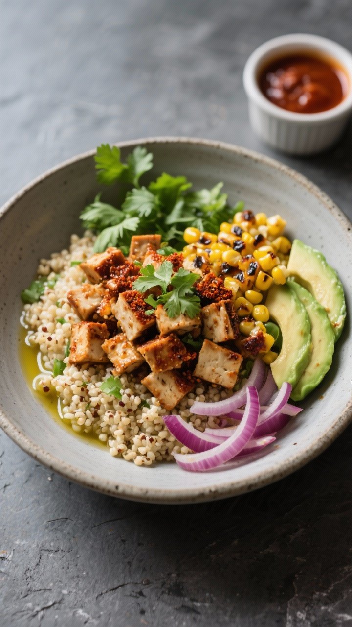 45-degree angle plated power bowl: fluffy quinoa base (cooked in vegetable broth) topped with crumbled tempeh sautéed with soy sauce or tamari, smoked paprika, and ground cumin, plus charred corn, sliced avocado, and lime wedges for a smoky-chipotle vibe. Drizzle of olive oil, sprinkle of chopped cilantro, and thinly sliced red onion for pop. Presented in a matte stoneware bowl on a slate surface with a ramekin of chipotle sauce in the background; vibrant, high-contrast lighting, crisp textures.