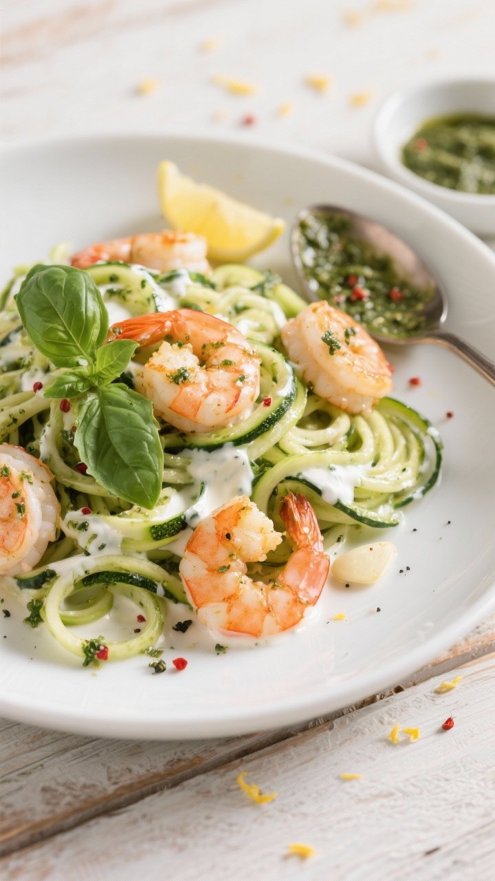 45-degree angle plated presentation of Creamy Greek Yogurt Pesto Shrimp Zoodles: spiralized zucchini “zoodles” twirled into nests, topped with plump shrimp sautéed in olive oil with minced garlic and a hint of red pepper flakes, all coated in a glossy Greek yogurt–pesto sauce. Garnish with fresh basil and cracked black pepper. Set in a shallow white bowl on a light wood table with a spoonful of pesto and lemon zest scattered. Soft, fresh, Mediterranean vibe.