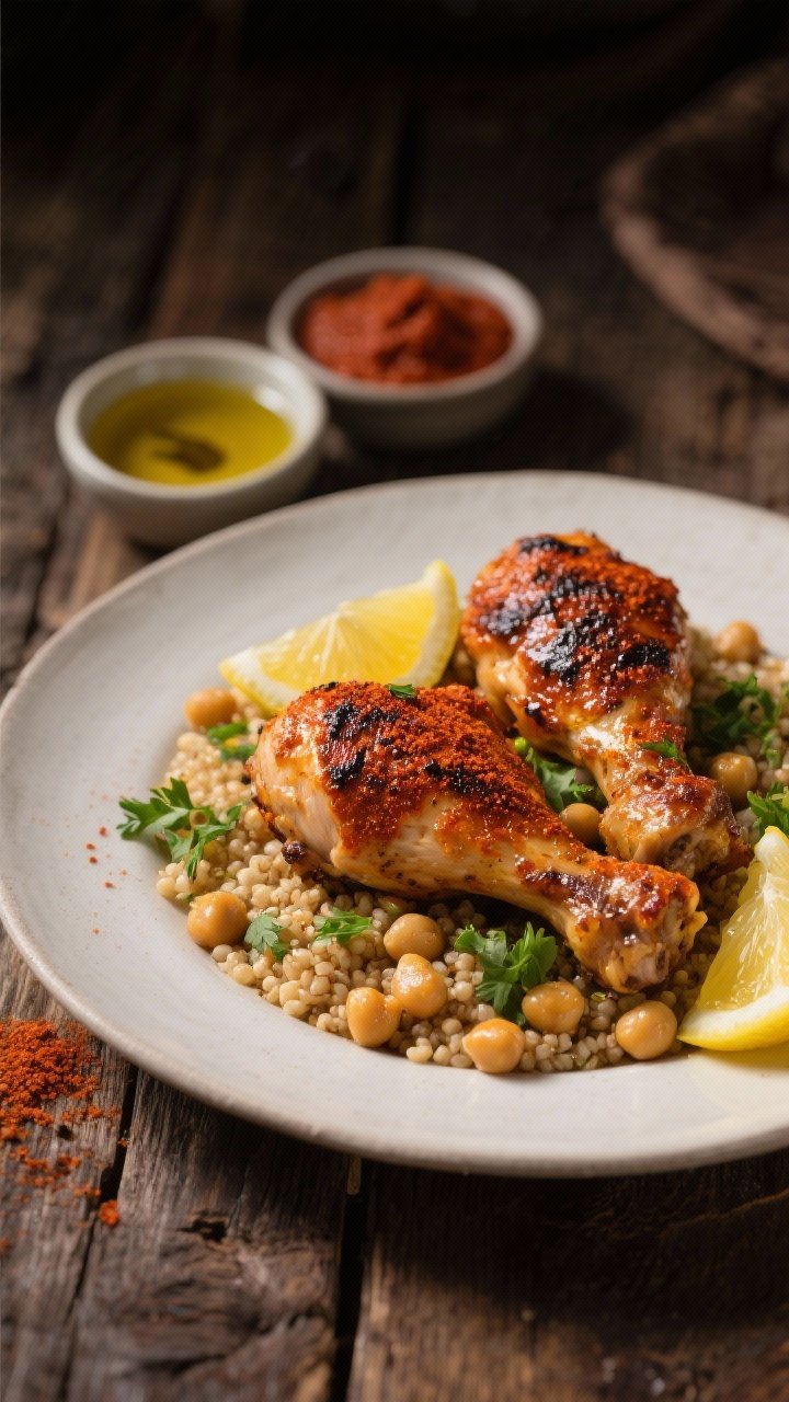 45-degree angle plated presentation of harissa-rubbed chicken thighs, charred at the edges and glossy with olive oil, served over lemony chickpea quinoa; garnished with chopped parsley and lemon wedges; smoked paprika and cumin tones visible in the spice crust; a small bowl of harissa paste and a drizzle of olive oil nearby; warm, moody lighting to evoke North African flavors, set on a rustic wooden table.