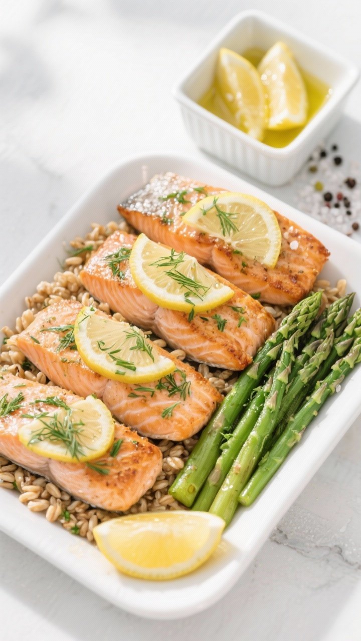 45-degree angle plated presentation of Lemon-Dill Salmon and Farro meal prep: four salmon fillets, skin-on and crisped, topped with thin lemon slices and fresh chopped dill, arranged beside nutty farro and bright green steamed asparagus or green beans; a small dish of lemon wedges and a drizzle of olive oil glistening; sea salt and cracked black pepper sprinkled; clean, bright, airy styling on a white ceramic container set for meal prep, minimal props, natural daylight.