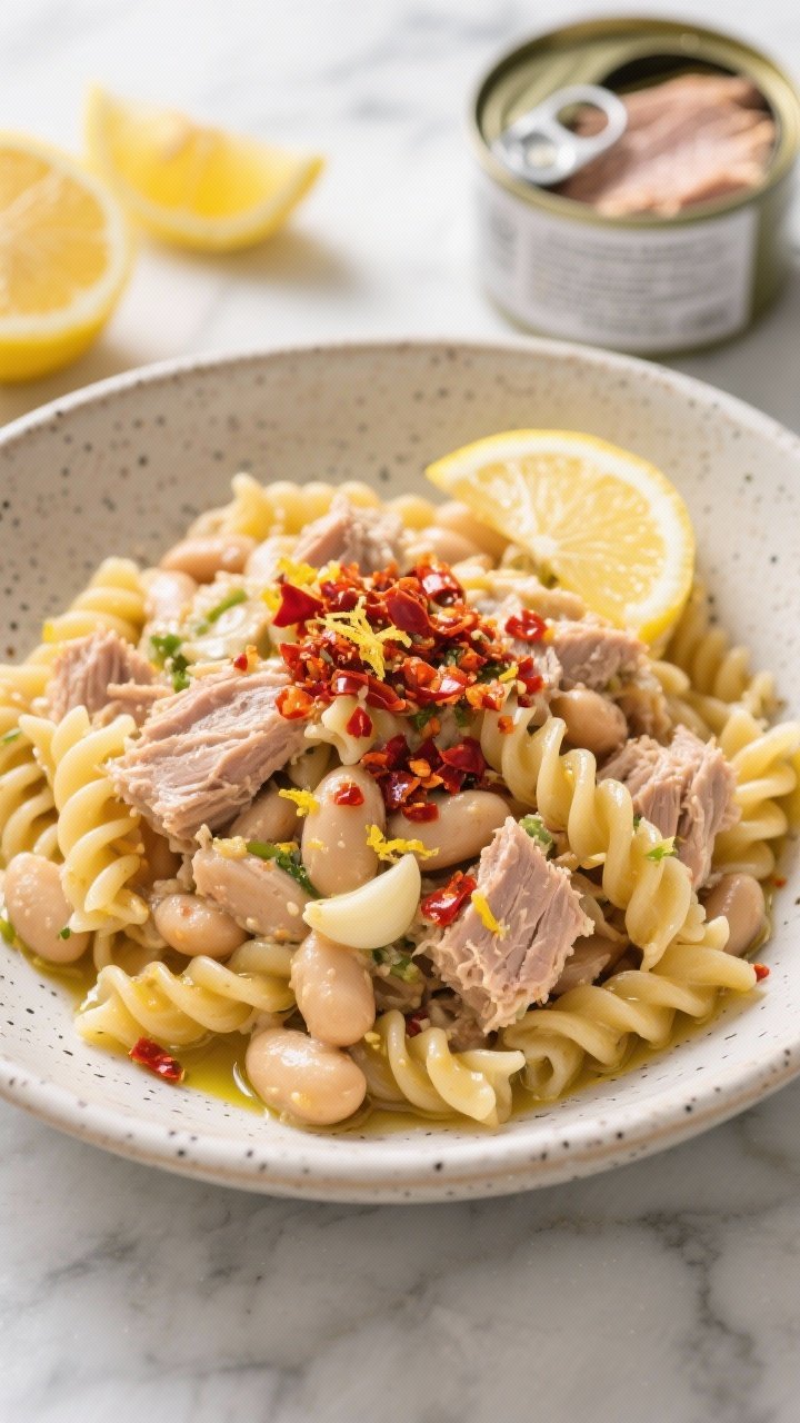 45-degree angle plated presentation of pantry tuna bean pasta: short pasta (rotini) folded with flaky tuna, creamy cannellini beans, sautéed garlic, lemon zest, and a chili crunch topping, finished with a squeeze of lemon and a glisten of olive oil; visible red chili flakes and crispy chili bits on top, served in a shallow speckled bowl on a cool marble surface with halved lemons and drained tuna cans in the background, bright and zesty vibe.