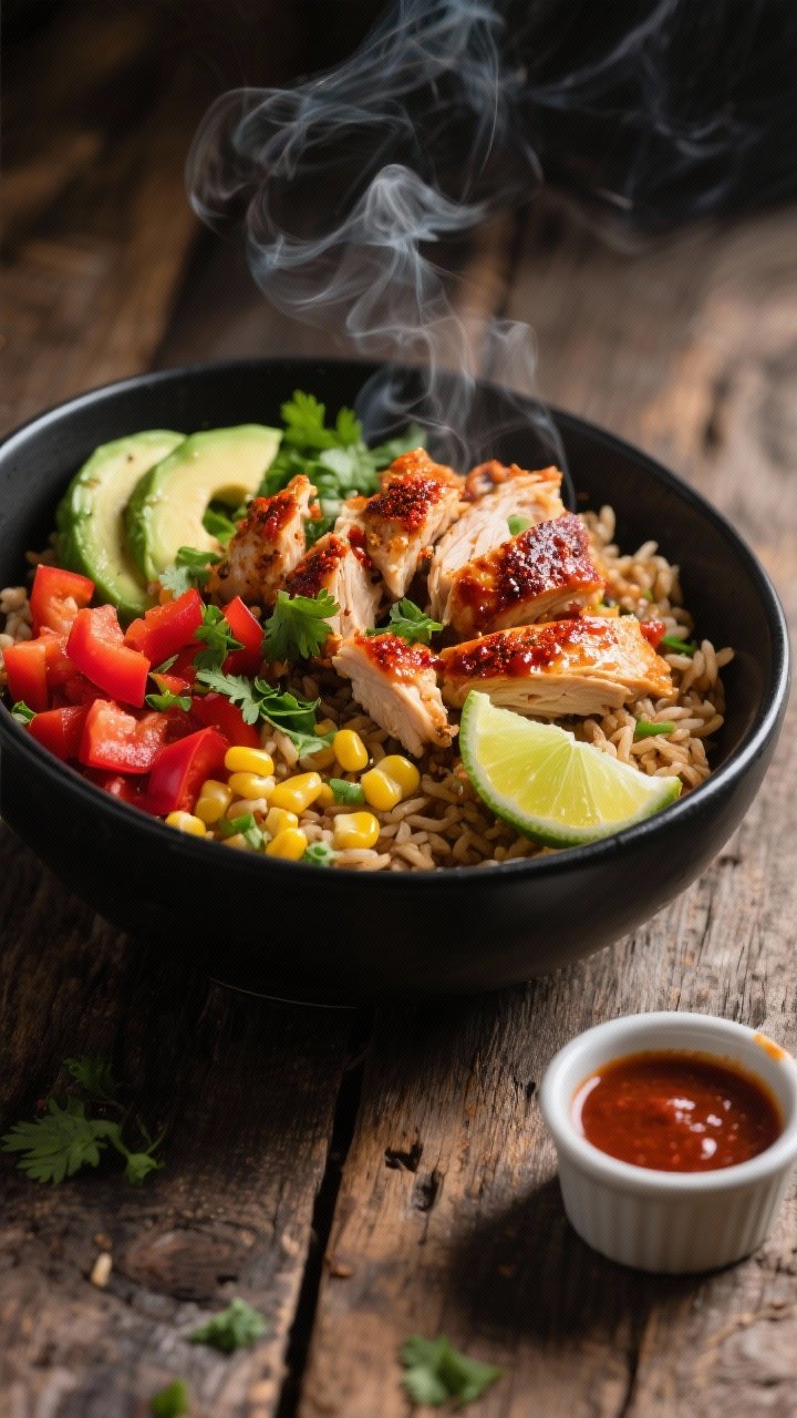 45-degree angle plated presentation of smoky chipotle chicken power bowls: chopped rotisserie chicken tossed with minced chipotle in adobo, a touch of adobo sauce, smoked paprika, cumin, and olive oil over a base of cilantro-lime brown rice. Toppings include diced red bell pepper, avocado slices, corn, and a lime wedge. Visible reddish sheen on the chicken, steam rising, chopped cilantro scattered. Matte black bowl on a rustic wooden table, side ramekin of extra chipotle sauce. Bright, vibrant colors with moody contrast to emphasize the smoky Southwestern vibe.