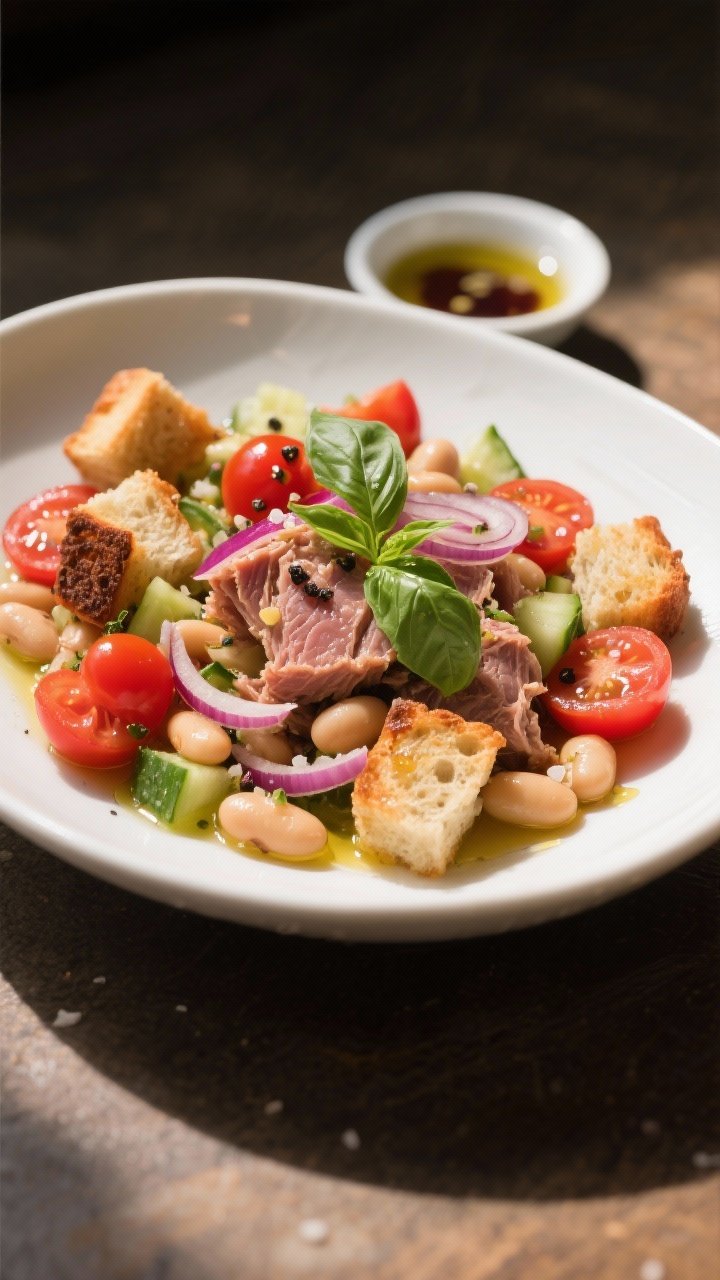 45-degree angle plated presentation of Smoky Tuna-Bean Panzanella: a wide shallow white bowl filled with tuna in olive oil, halved cherry tomatoes, cannellini beans, thinly sliced red onion, chopped cucumber, and rustic toasted bread cubes lightly glossy with olive oil. Sprinkles of sea salt, black pepper, and torn basil, with a small dish of vinaigrette on the side. Rustic Mediterranean vibe, warm natural light, vibrant reds and greens, focus on juicy tomatoes and crusty bread texture.