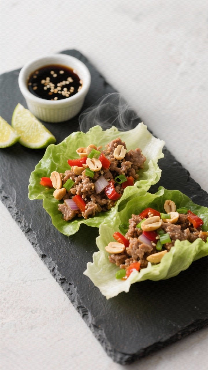 45-degree angle plated scene of Five-Spice Turkey Lettuce Wraps: lean ground turkey sautéed in sesame oil with minced garlic, fresh grated ginger, finely diced onion and red bell pepper, finished with low-sodium soy sauce, spooned into crisp butter lettuce cups. Topped with chopped crunchy peanuts and a few scallion slices, with lime wedges nearby. Glossy, savory filling, steam visible, set on a slate board for contrast; small ramekin of soy-sesame sauce in frame. Clean, Asian-inspired styling, no people.