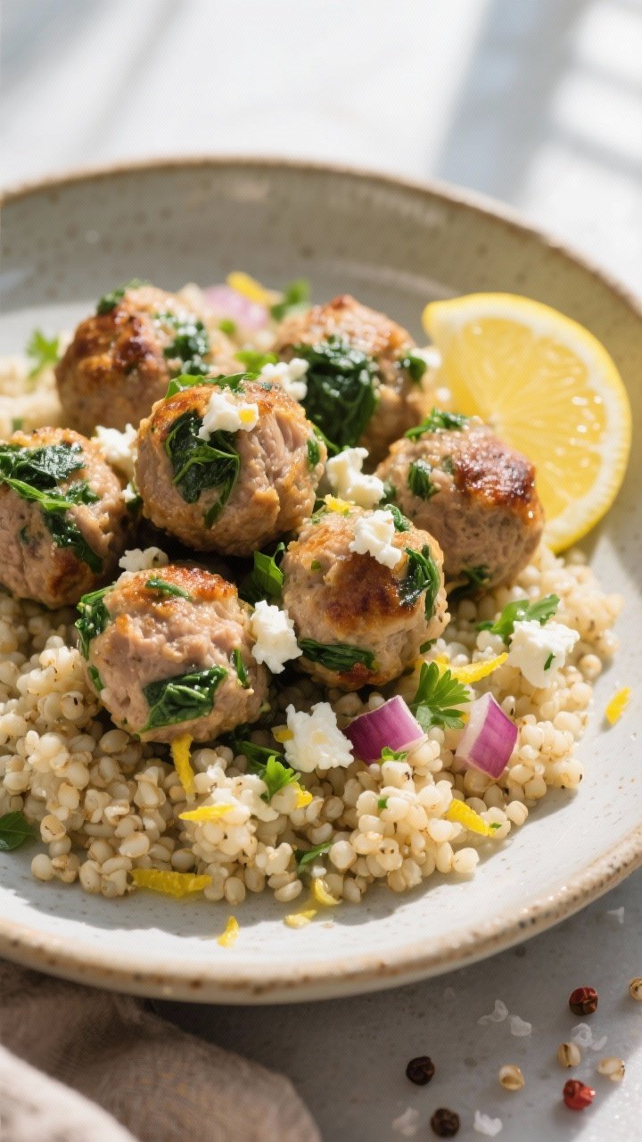 45-degree angle plated scene of turkey spinach feta meatballs atop fluffy lemon quinoa: golden-browned meatballs made from lean ground turkey, finely chopped spinach, crumbled feta, red onion, egg, and whole wheat breadcrumbs, sprinkled with fresh parsley; quinoa flecked with lemon zest and a lemon wedge on the side; served in a shallow stoneware bowl, olive oil sheen, soft natural window light, subtle pepper flakes and sea salt visible.