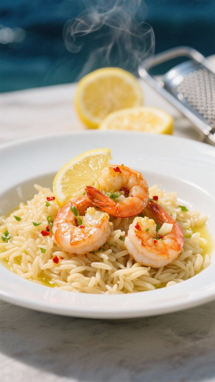 45-degree angle plated shot of lemon-garlic shrimp orzo: al dente orzo swirled with butter and olive oil, large shrimp sautéed with minced garlic, lemon zest shimmering, a squeeze of fresh lemon juice beading on the shrimp, red pepper flakes scattered lightly; served in a wide shallow white bowl with lemon halves and a microplane in the background; steam visible, bright coastal feel, tight depth of field highlighting shrimp texture.