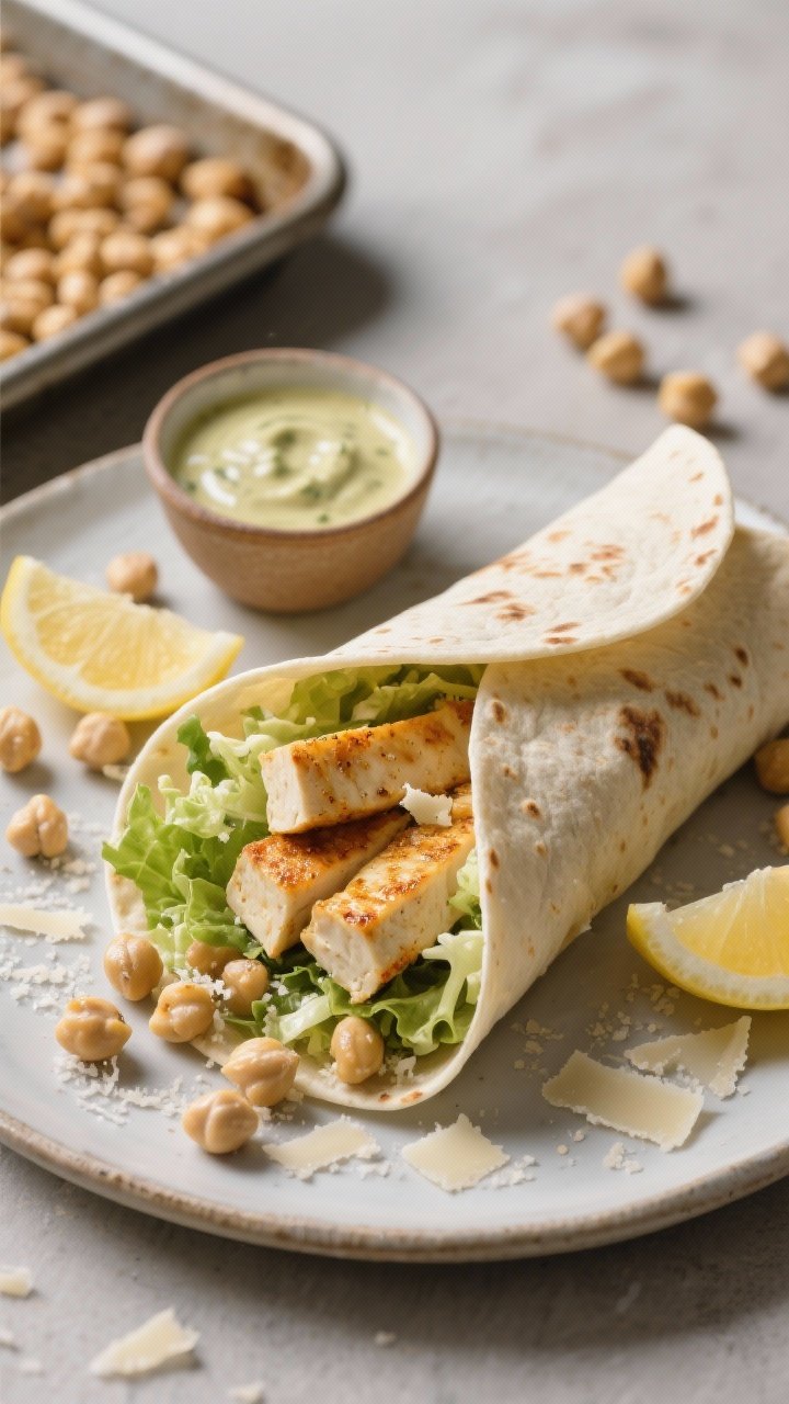 45-degree angle plated shot of Tofu “Chicken” Caesar Wraps: extra-firm tofu strips seared golden in olive oil with garlic and onion powder tucked into large tortillas with crunchy romaine, Caesar dressing, and crunchy “parmesan” roasted chickpeas spilling out; wraps cut on a bias to show juicy interior; scattered shaved parmesan-style flakes and lemon wedges; small ramekin of Caesar dressing and a sheet pan with roasted chickpeas nearby; neutral backdrop, high contrast, appetizing sheen.