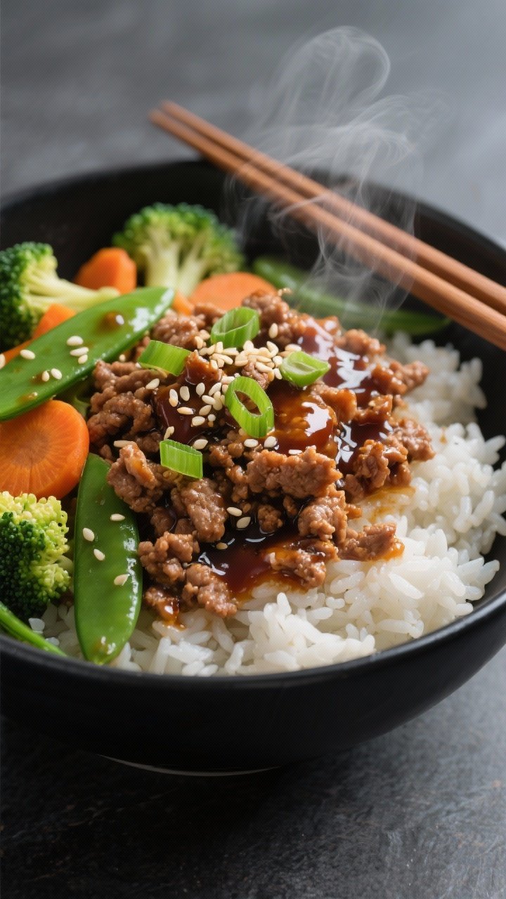 45-degree angle plated teriyaki ground turkey rice bowl: fluffy jasmine rice topped with glossy ground turkey in teriyaki glaze, bright mixed vegetables (broccoli florets, snap peas, carrot coins) still crisp-tender, garnished with sliced green onions and toasted sesame seeds; presented in a matte black bowl with chopsticks, steam gently rising, on a slate background.