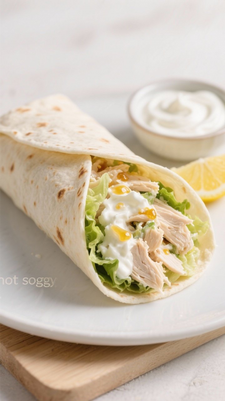 45-degree angle plated wrap close-up: creamy Greek yogurt chicken salad wrapped in a soft tortilla, cut on the bias to reveal shredded chicken bound with plain Greek yogurt, a hint of mayonnaise, Dijon mustard, honey, and lemon notes; fresh lettuce tucked in for crunch; minimal condensation to emphasize “not soggy”; set on a clean board with a small bowl of lemony yogurt dressing and lemon wedge, bright neutral backdrop, appetizing, clean styling.