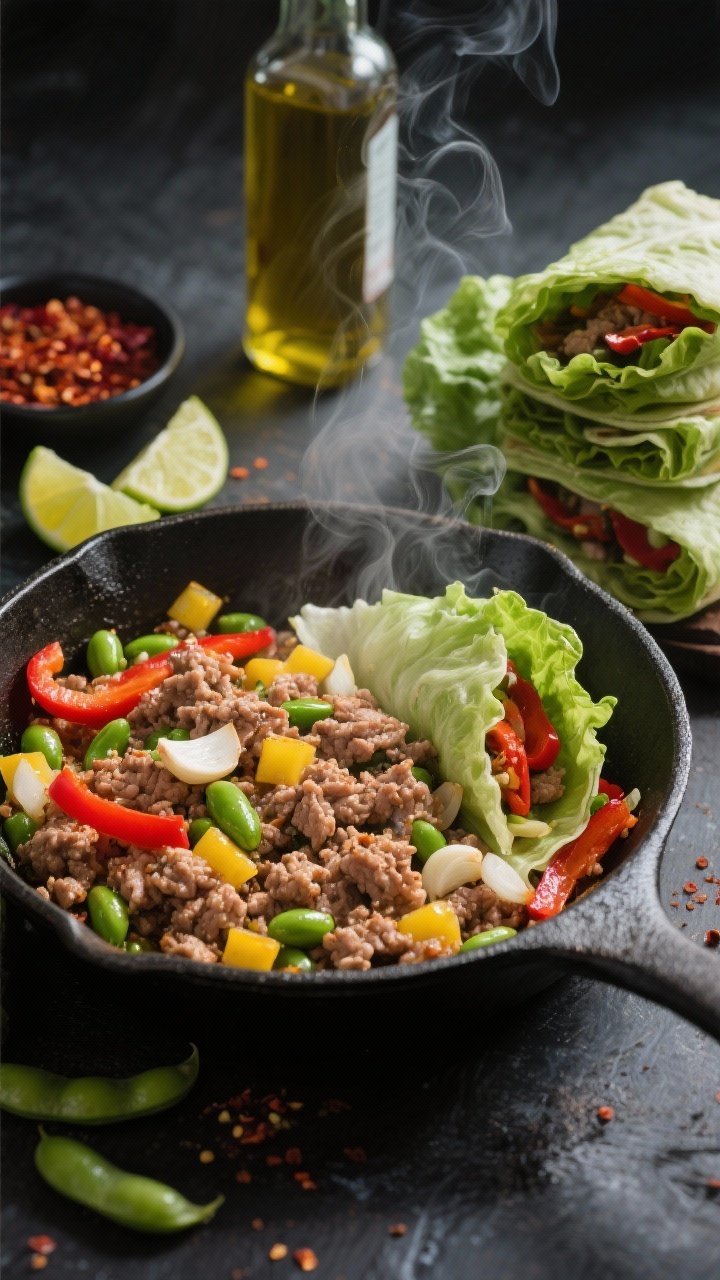 45-degree angle process shot of Chili-Lime Turkey Lettuce Wraps: sizzling lean ground turkey in a skillet with diced yellow onion and minced garlic, tossed with vibrant red bell pepper strips and bright green shelled edamame; lime wedges, chili flakes, and a bottle of avocado oil nearby; butter lettuce leaves stacked to the side ready for filling; steam visible, moody backlight to emphasize texture and gloss.