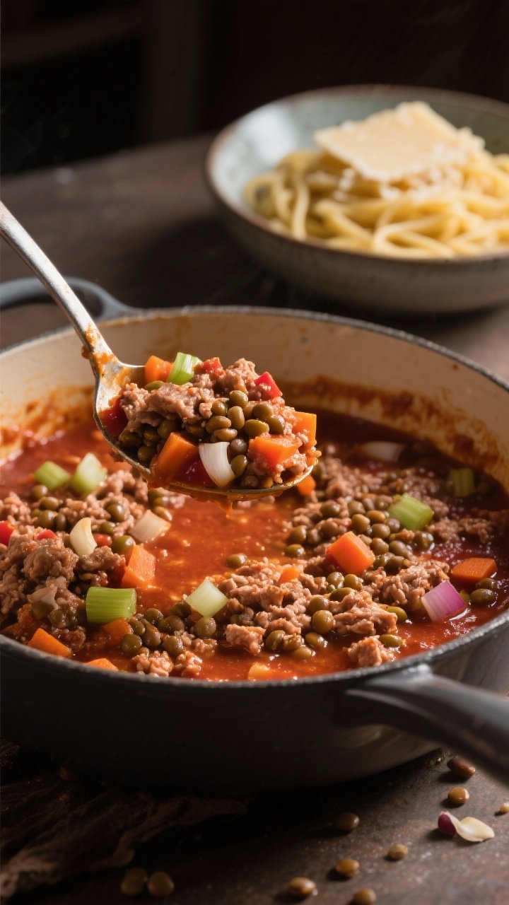 45-degree angle saucepan shot of hearty turkey lentil bolognese mid-simmer: lean ground turkey with finely diced onion, carrot, and celery, minced garlic, and brown lentils bubbling in a rich tomato base, deglazed with a splash of dry red wine. Thick, meaty texture with visible lentils and soffritto; a ladle lifts a hearty scoop. In the background, a bowl of al dente protein pasta ready for plating and a mound of grated Parmesan; cozy, evening light.