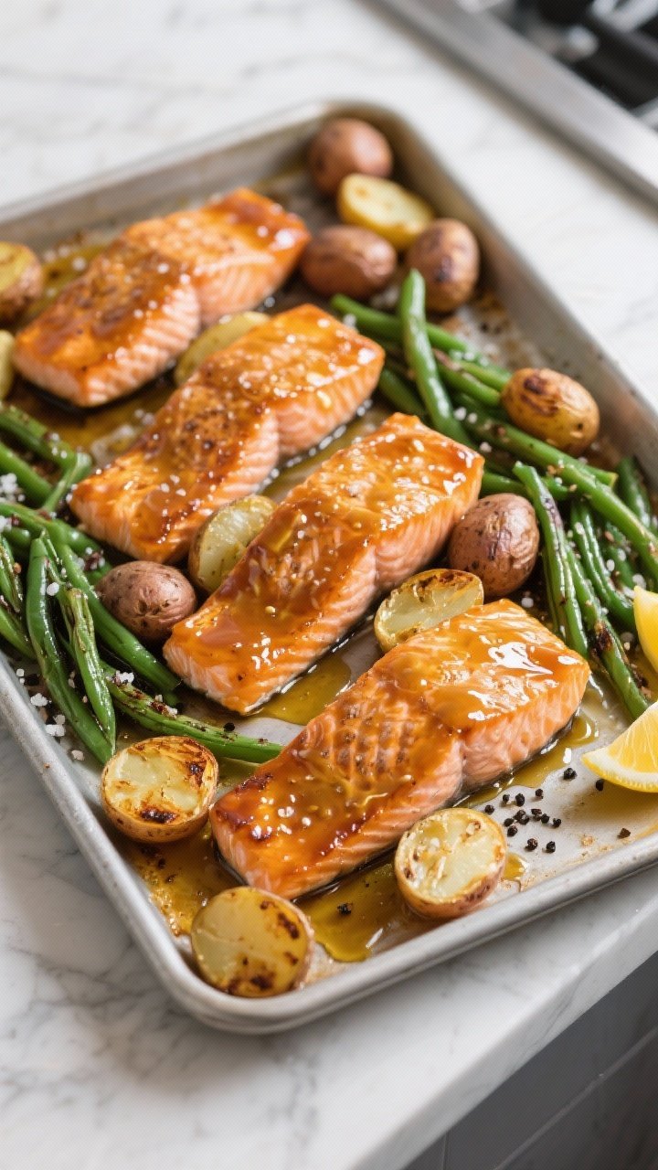 45-degree angle sheet-pan dinner of honey mustard salmon: four salmon fillets lacquered with glossy honey-mustard glaze, edges caramelized; nestled with roasted baby potatoes, halved and blistered, and bright green beans with slight char; coarse salt and black pepper visible, olive oil sheen, lemon wedges at the corner; clean, modern kitchen counter background.