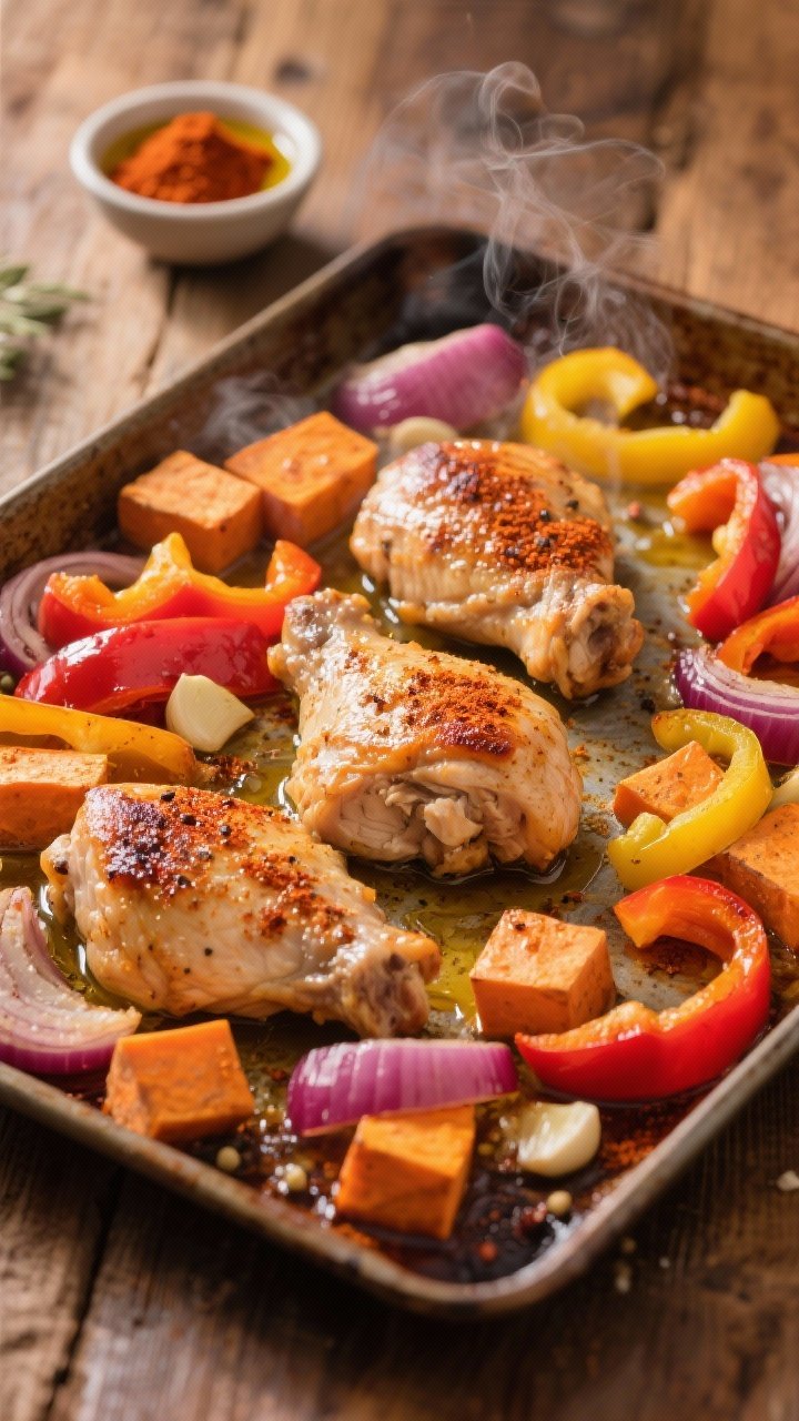 45-degree angle sheet-pan scene fresh from the oven: boneless skinless chicken thighs roasted with cubed sweet potatoes, sliced red, orange, and yellow bell peppers, and red onion. Everything glistening with olive oil, dusted with smoked paprika, garlic powder, and salt/pepper. Warm sunset color palette, caramelized edges, light wisps of steam. Rustic baking sheet on a wooden table with a small bowl of paprika and olive oil in frame.