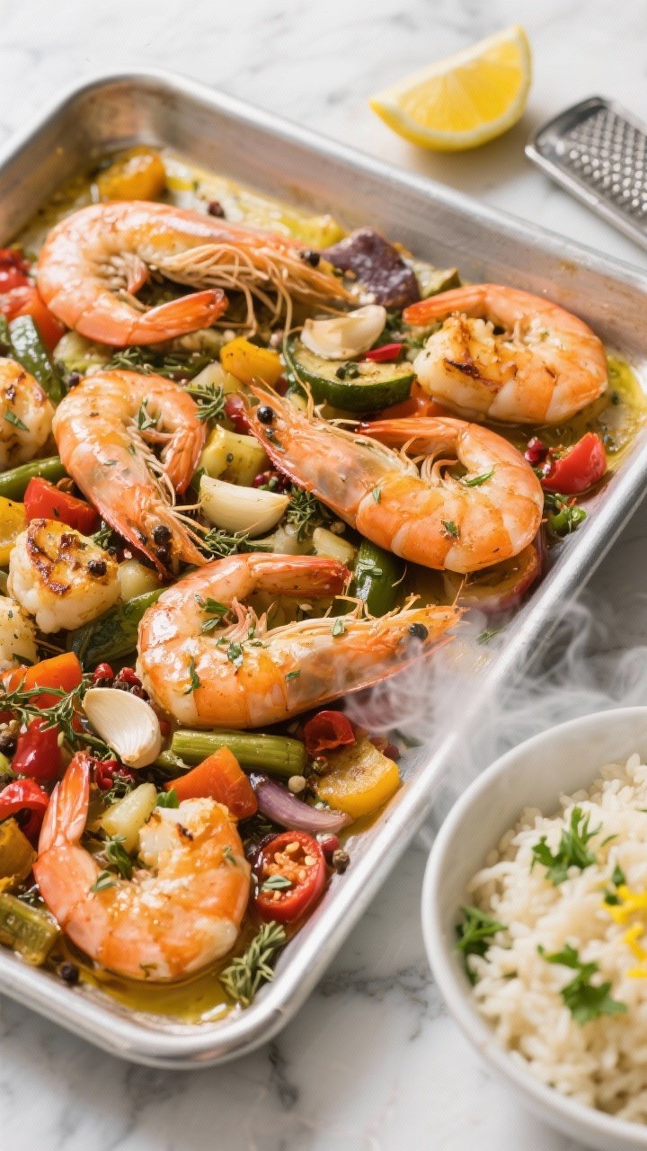 45-degree angle sheet-pan scene of garlicky shrimp and veggies just out of the oven: large peeled raw shrimp roasted with olive oil, minced garlic, dried oregano, kosher salt, black pepper, and optional crushed red pepper flakes, mingled with colorful mixed vegetables; a side bowl of lemon-herb rice flecked with parsley and lemon zest. Steam rising, lemon halves and microplane nearby, clean stainless sheet pan on a marble surface, crisp and vibrant Mediterranean vibe.