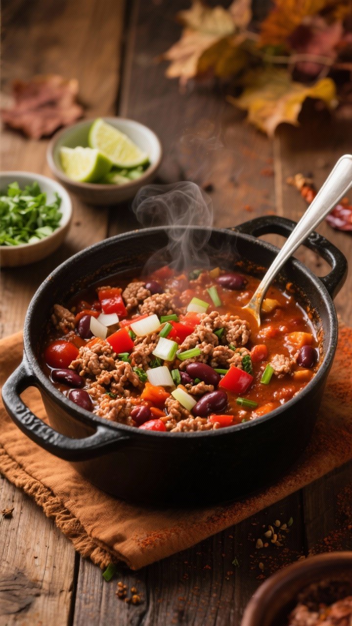 45-degree angle shot of a hearty chipotle-style turkey chili simmering in a matte black Dutch oven: lean ground turkey with diced onion, red bell pepper, and minced garlic, richly stained by chili powder, ground cumin, smoked paprika, and dried oregano; visible beans and tomatoes (if present), steam rising, ladle resting on the rim; styled with small bowls of chopped cilantro, lime wedges, and a sprinkle of scallions nearby; warm, cozy mood, rustic wooden table, fall-toned linens.