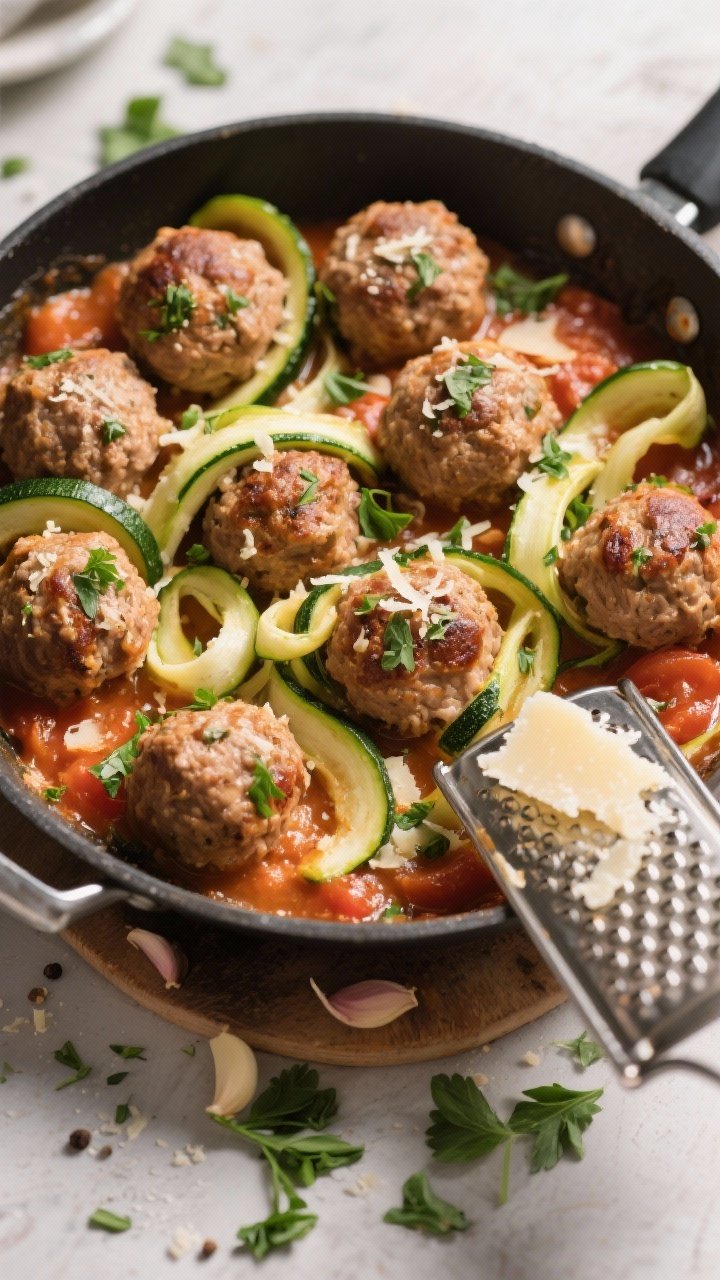 45-degree angle shot of Italian turkey meatballs with zucchini ribbons in one pan: browned lean turkey meatballs flecked with Parmesan, parsley, garlic, oregano, salt and pepper, simmering with light tomato juices; wide zucchini ribbons twirled around the meatballs; a grater with fresh Parmesan and torn parsley leaves scattered; warm, homestyle Italian mood.